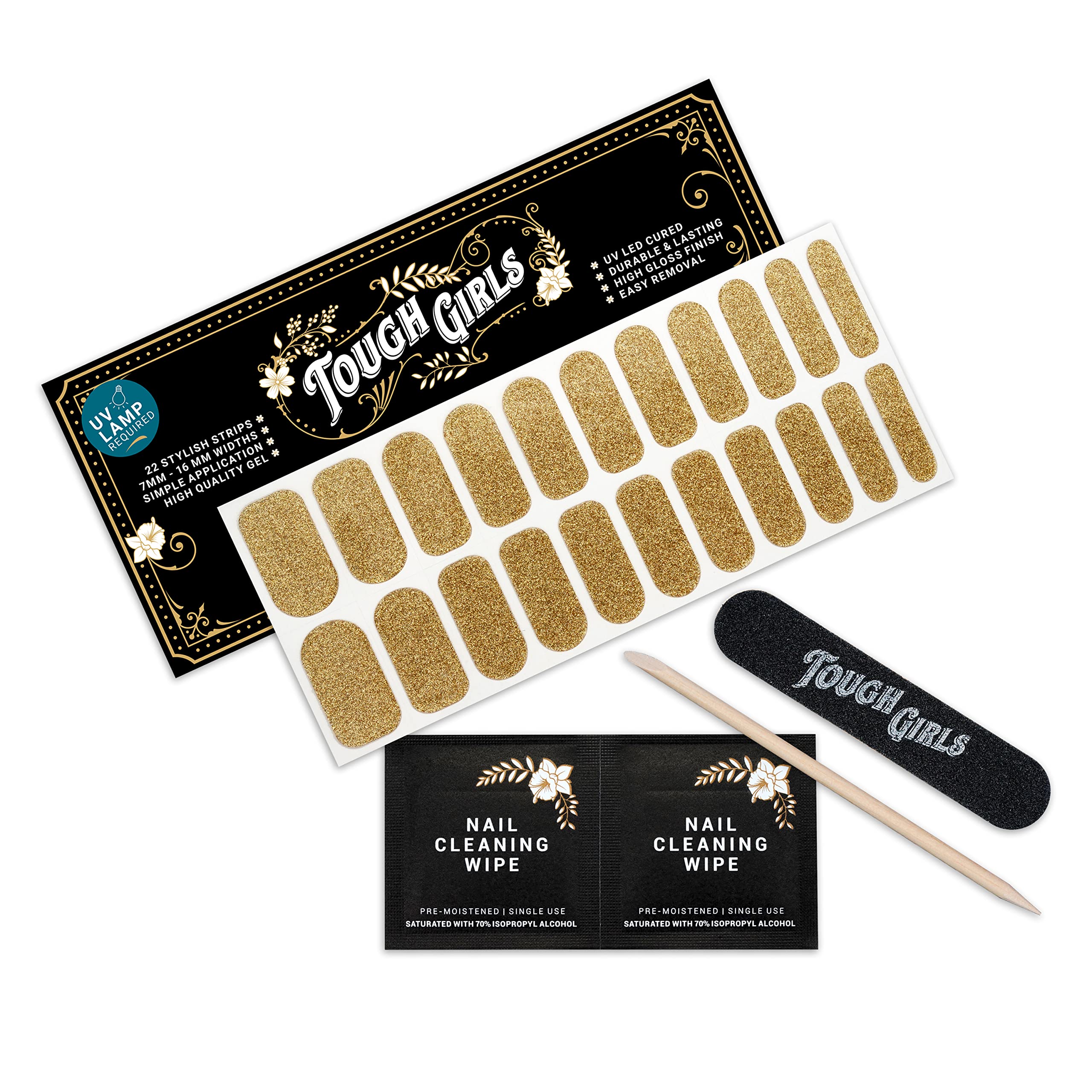 22 Premium Semi-Cured Gel Nail Polish Strips with Gold Glitter - Includes Application Accessories for Salon-Quality Nails at Home