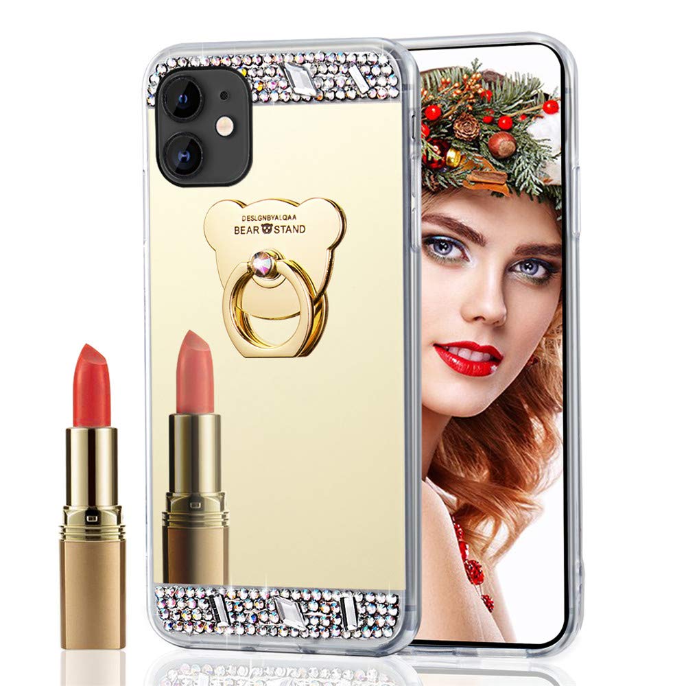 EMAXELER iPhone 11 Pro Max Case with Makeup Mirror & Bear Ring Holder - Glitter Diamond Sparkly Bling Soft TPU Silicone Protective Cover for iPhone 11 Pro Max 6.5 inch (Gold) - Perfect for Makeup Touch-ups, Selfies & Daily Protection
