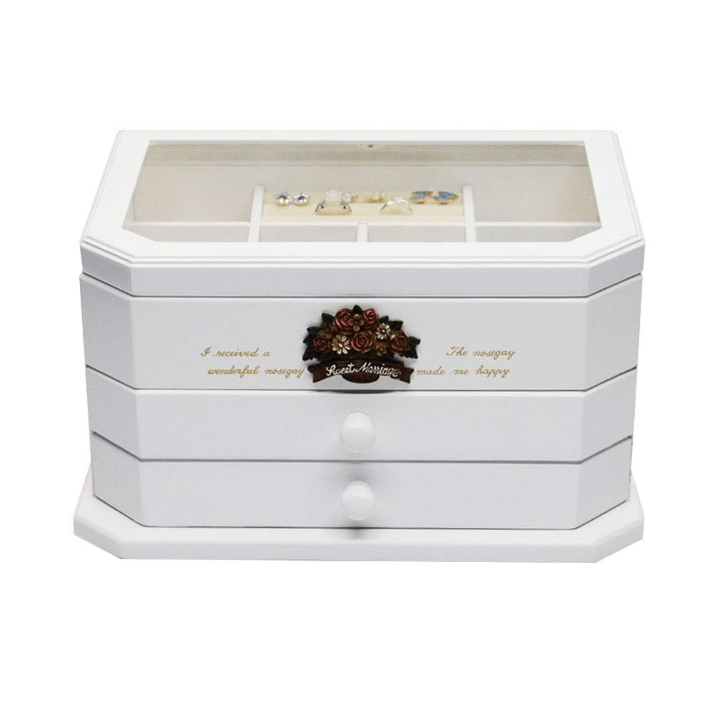 QTT Wooden Jewelry Storage Box with Drawer - Large Capacity Glass Top Jewelry Organizer for Rings, Necklaces & Earrings - Perfect Wedding & Engagement Gift Box for Women (White) | Ideal for Bedroom Vanity, Travel & Gift Giving