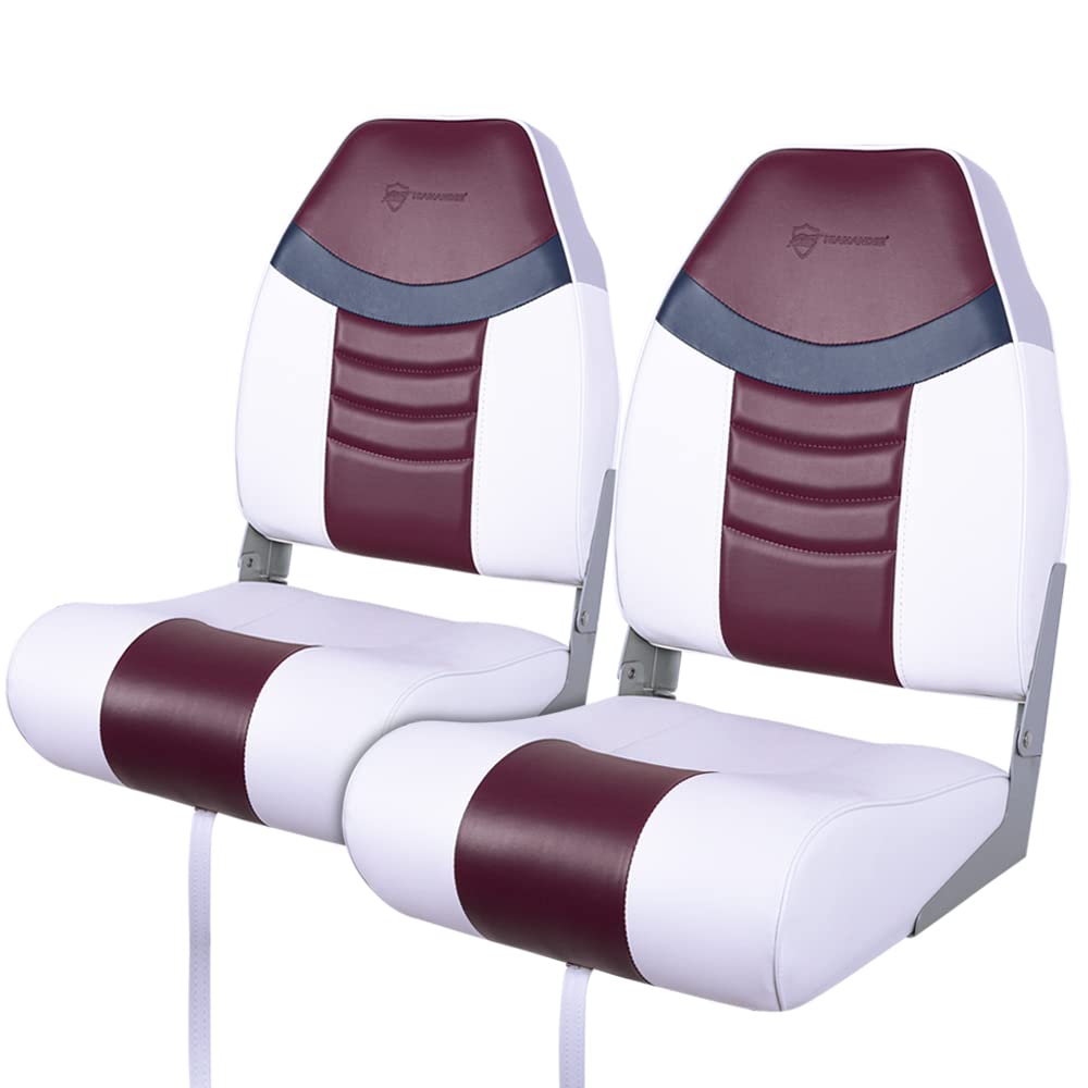 Seamander High Back Folding Fishing Boat Seat with Stainless Steel Screws - 2 Pack (White/Burgundy & Navy Blue) - Comfortable Marine Seating for Boating, Fishing & Water Sports