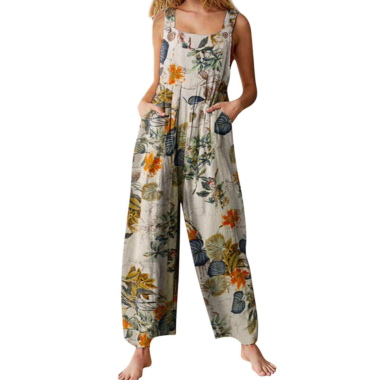 Hongskye Women's Floral Print Loose Overalls Jumpsuit - Casual Wide Leg Suspender Romper with Pockets | Perfect for Summer Outfits, Streetwear Fashion & Boho Style