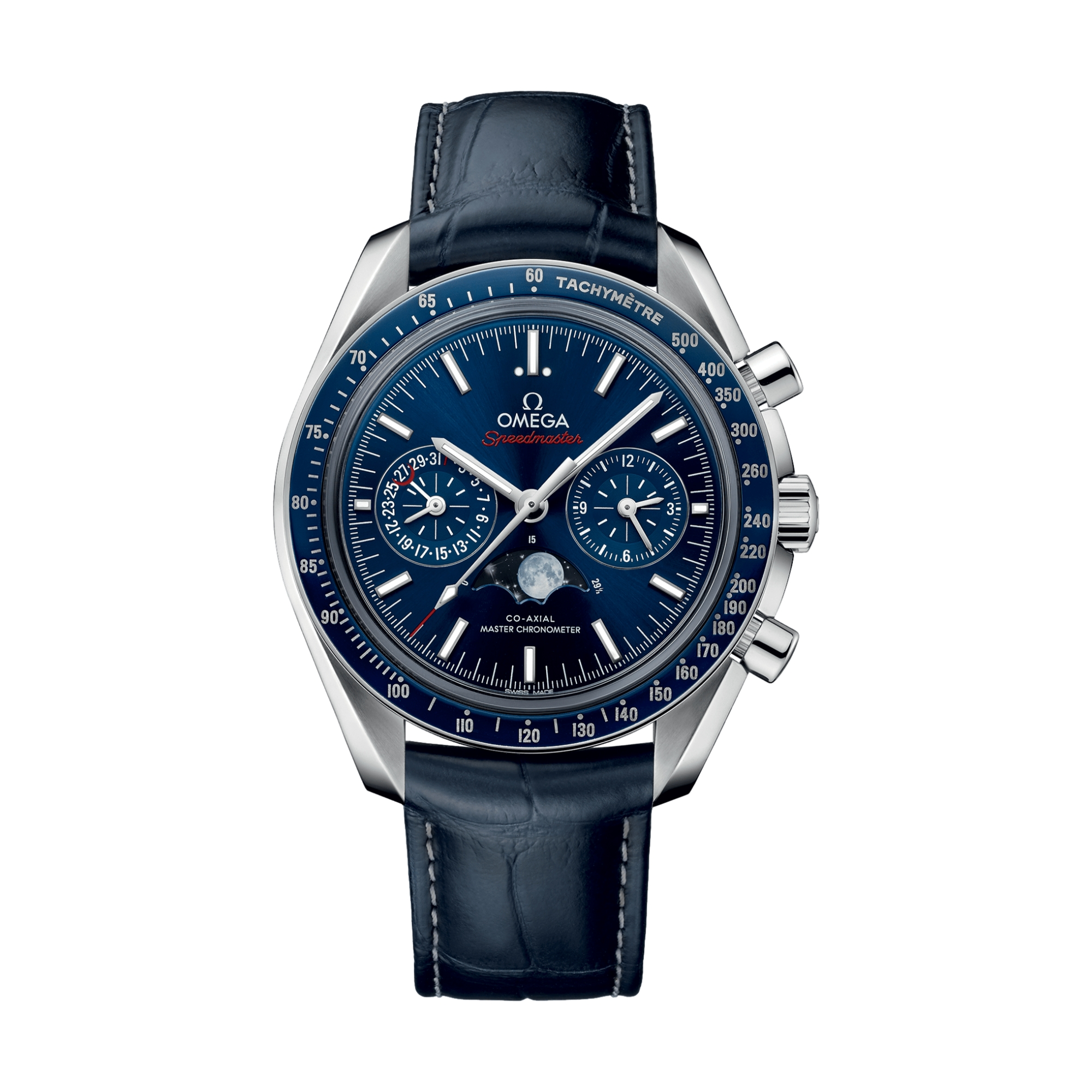 Omega Speedmaster Moonphase Co-Axial Master Chronometer Chronograph Watch - 44.25mm Blue Dial with Leather Strap - Perfect for Dress Occasions & Luxury Gifting