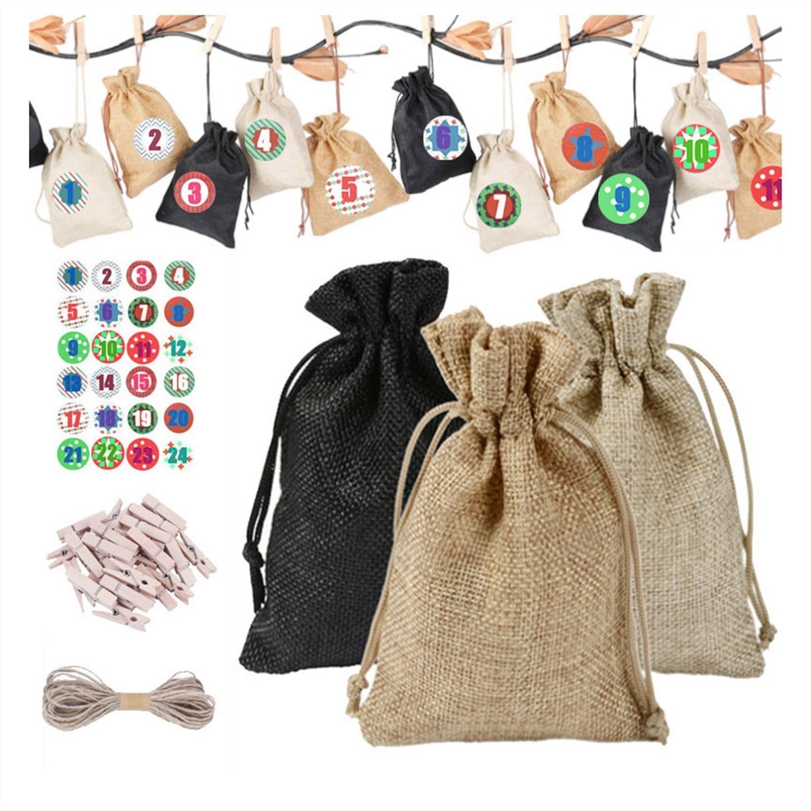 XJZ 24 Days Christmas Advent Calendar Burlap Drawstring Gift Bags with Sticker, Clips & Rope - Countdown Decor for Holiday Parties, Classroom Rewards & Festive Home Decor
