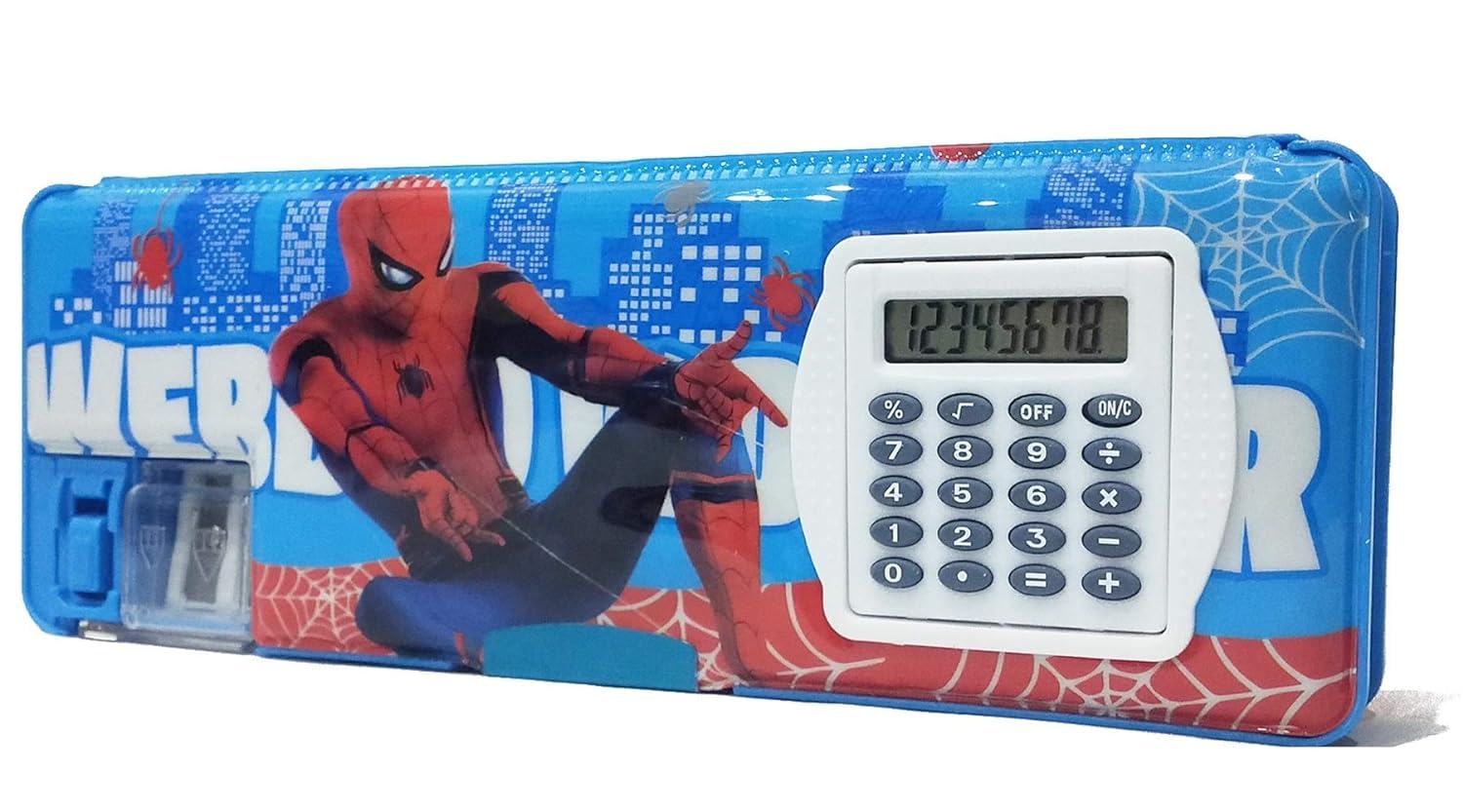 **Legerity Magnetic Pencil Box with Calculator & Dual Sharpener - Spiderman Blue Cartoon Design for School Kids | Durable Plastic Pencil Case for Boys & Girls - Perfect for Classroom, Homework & Travel (Pack of 1)**