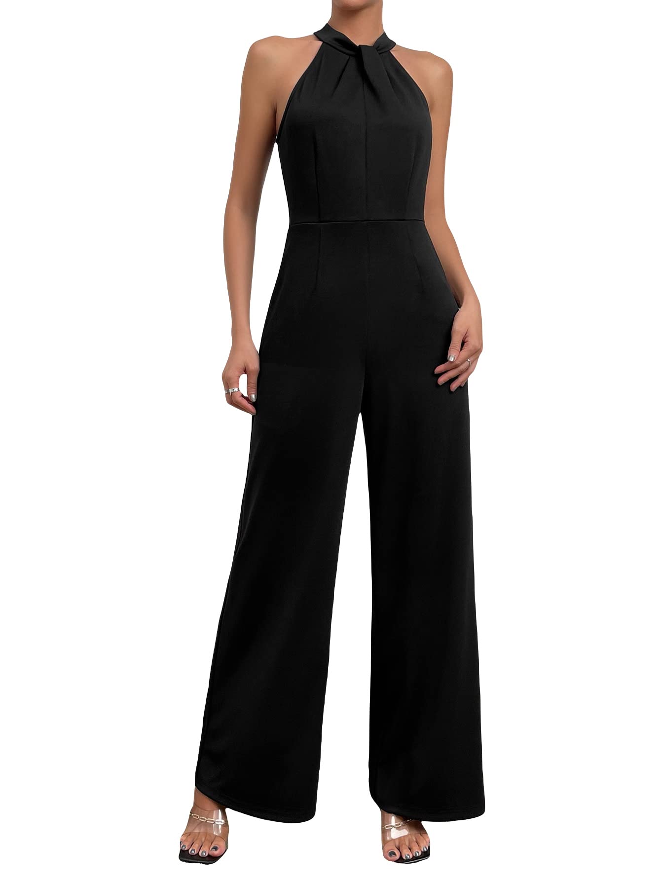 MakeMeChic Women's Elegant Sleeveless Halter Wide Leg Jumpsuit Romper - Summer Beach Party Outfit & Casual Wear