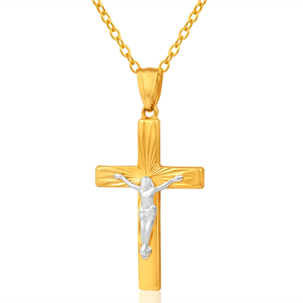 9ct Yellow Gold & White Gold Diamond-Cut Crucifix Pendant - Elegant Religious Jewelry for Baptism, First Communion & Everyday Wear