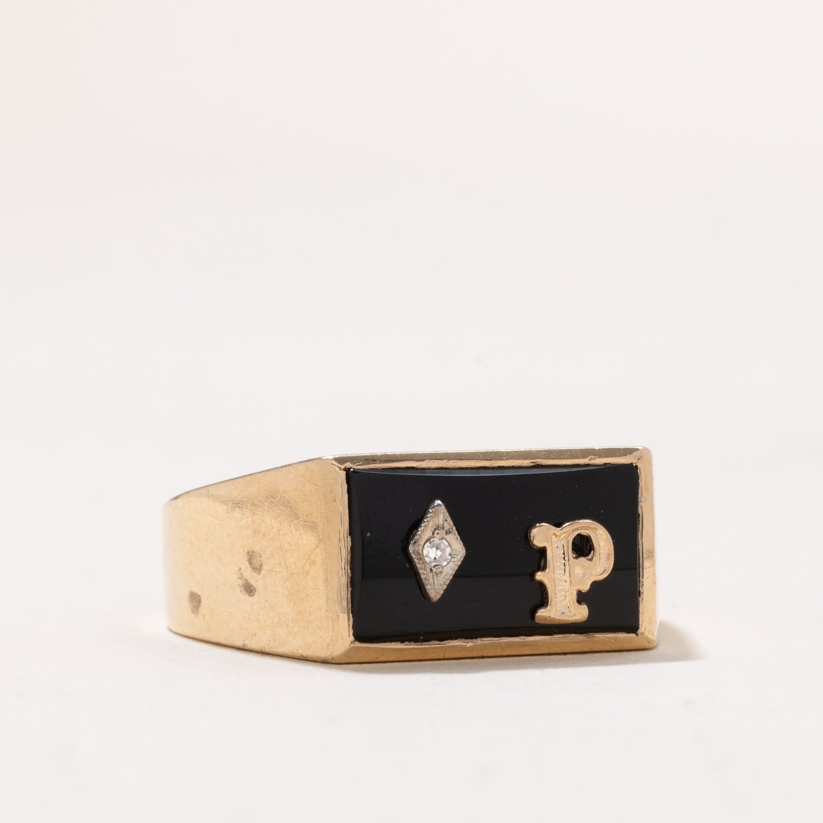 Onyx & Diamond 'P' Initial Signet Ring for Men - 3.30ct Black Onyx & 0.01ct Diamond - Size 11.75 - Luxury Initial Letter Ring for Gifts, Weddings & Everyday Wear