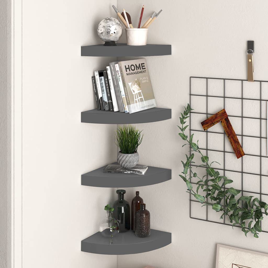 CHARMMA 323894 Floating Corner Shelves Set of 4 - High Gloss Grey MDF Wall Shelves 25x25x3.8 cm - Perfect for Bathroom, Kitchen, Living Room & Bedroom Storage Organization