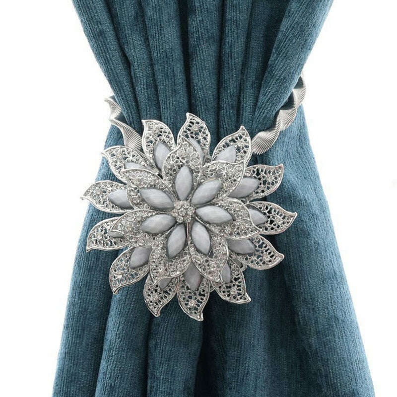 Pearl Simon Flower Shaped Rhinestone Magnetic Curtain Tiebacks - Elegant Window Drapery Holder for Living Room & Bedroom Decor