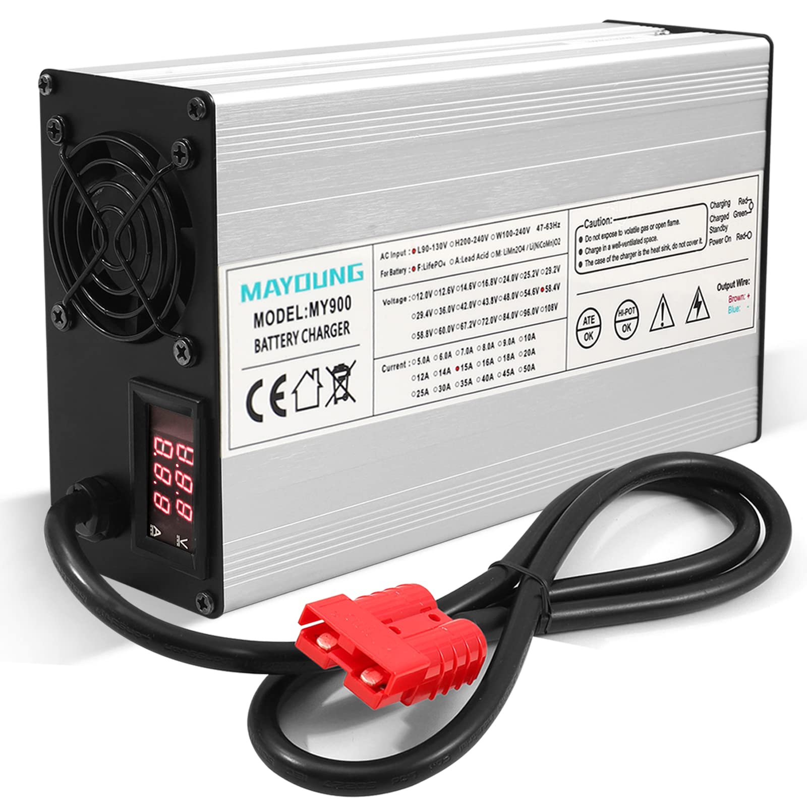 58.4V 15A LiFePO4 Battery Smart Charger for 16S 48V Lithium Iron Phosphate Batteries - Fast High Power Charging for Golf Carts, Solar Energy Systems & Electric Scooters
