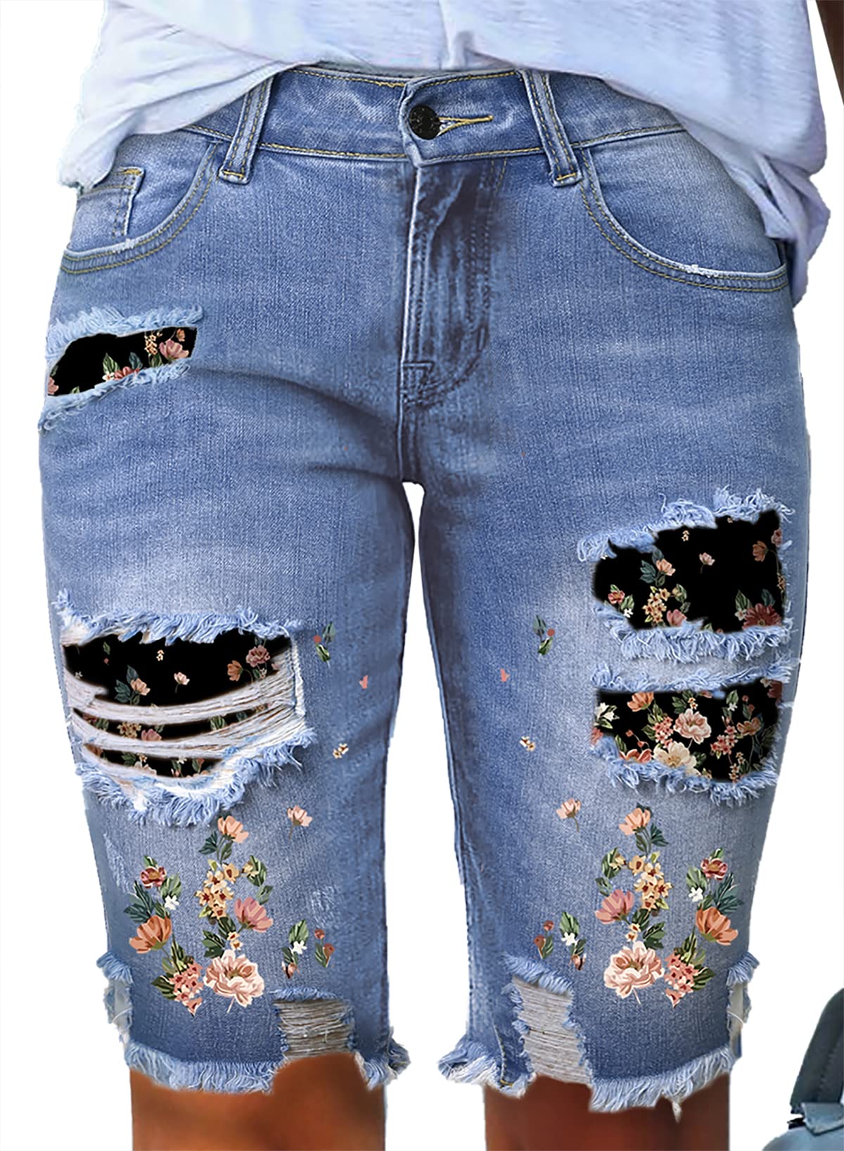 Sidefeel Women's Distressed Denim Bermuda Shorts with Raw Hem - Casual Summer Outfit & Beach Wear