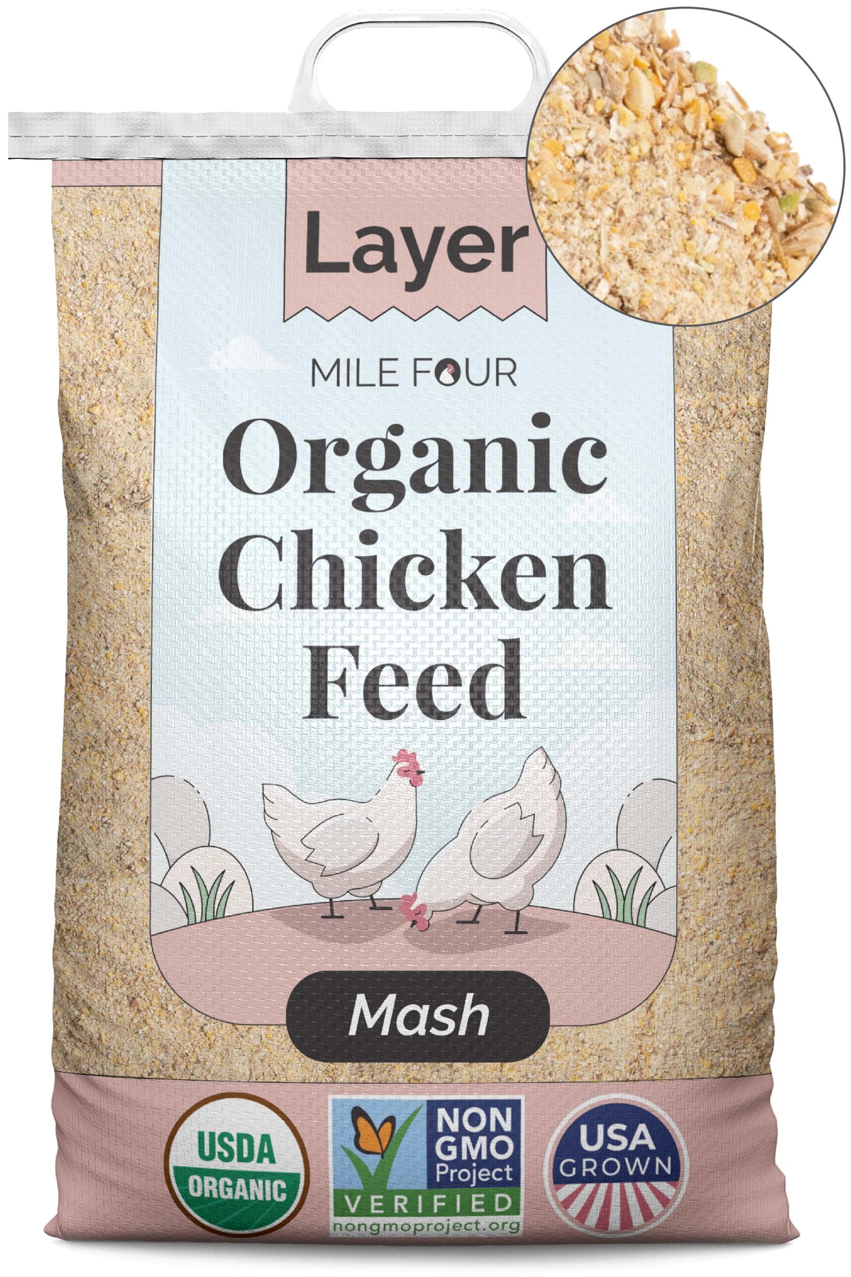 Organic Non-GMO Chicken Feed - USA Grown Layer Mash with 16% Protein, Corn-Free & Soy-Free, Non-Medicated Poultry Feed (46 lbs) - Perfect for Backyard Chickens, Egg Production & Healthy Flock Nutrition