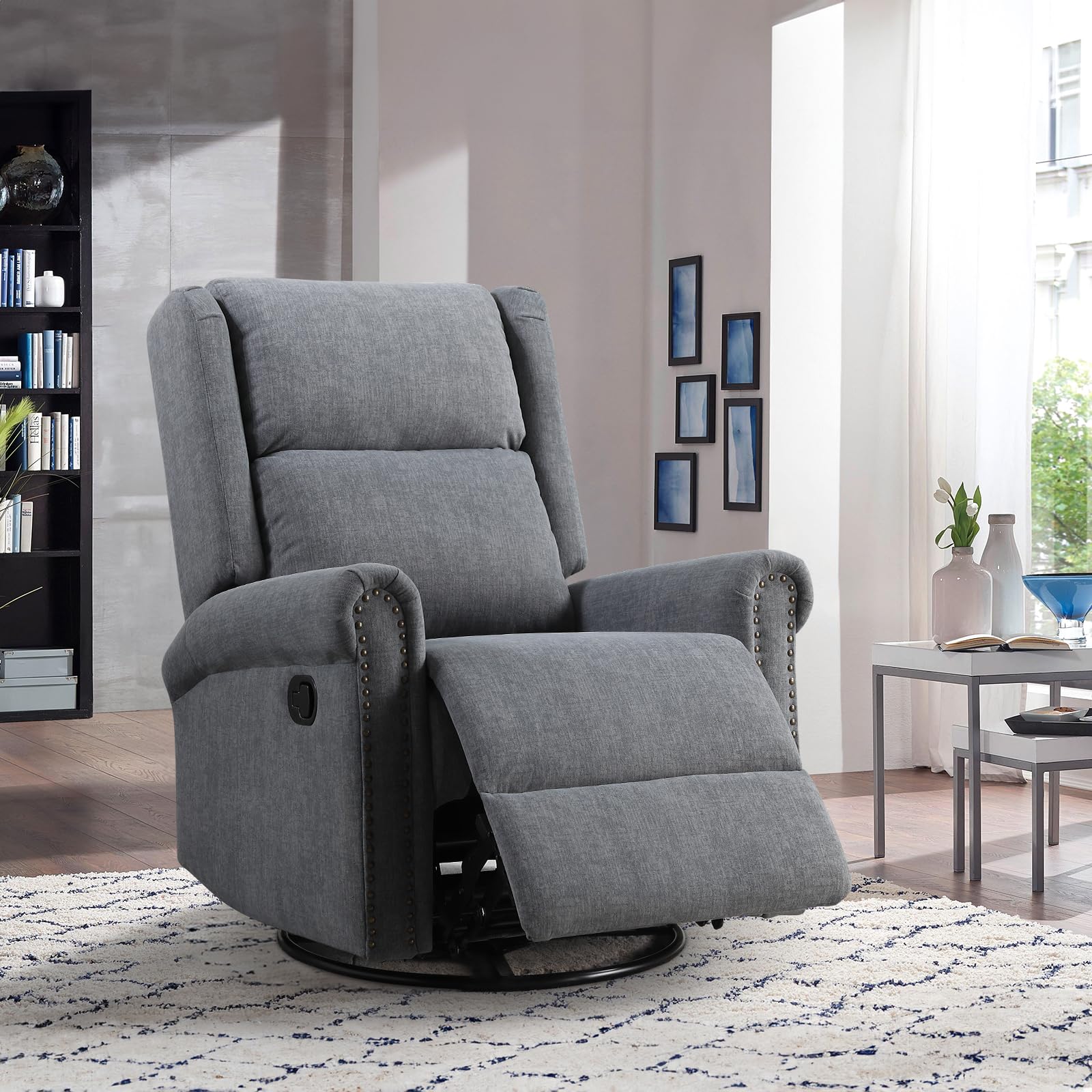 Antetek Swivel Rocking Recliner Chair - Velvet Nursery Glider with Adjustable Footrest & High Back Support, Manual Wingback Upholstered Rocking Chair for Living Room, Nursery, Bedroom - Perfect for Nursing, Reading & Relaxing (Grey)