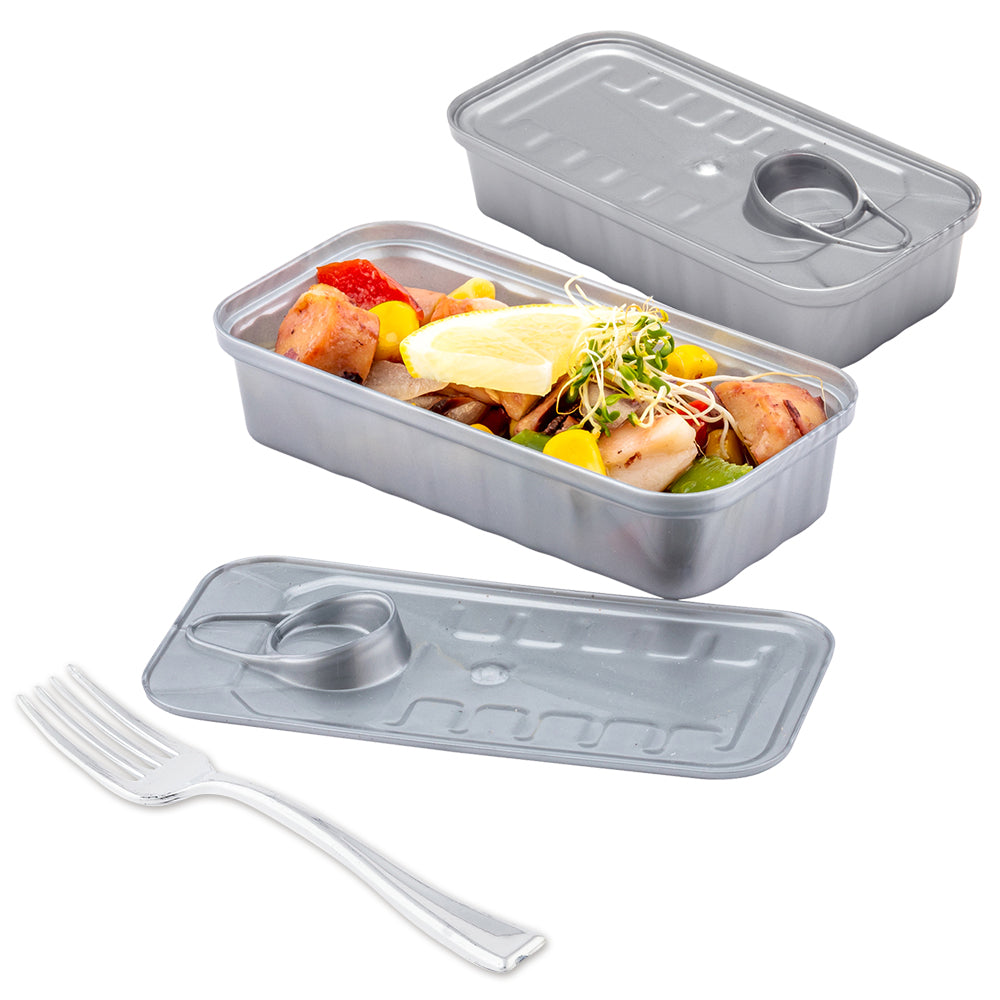 100 Pack 2 oz Rectangle Silver Plastic Tin Containers with 100 Silver Mini Plastic Forks - Perfect for Party Favors, Wedding Decorations, and DIY Crafts