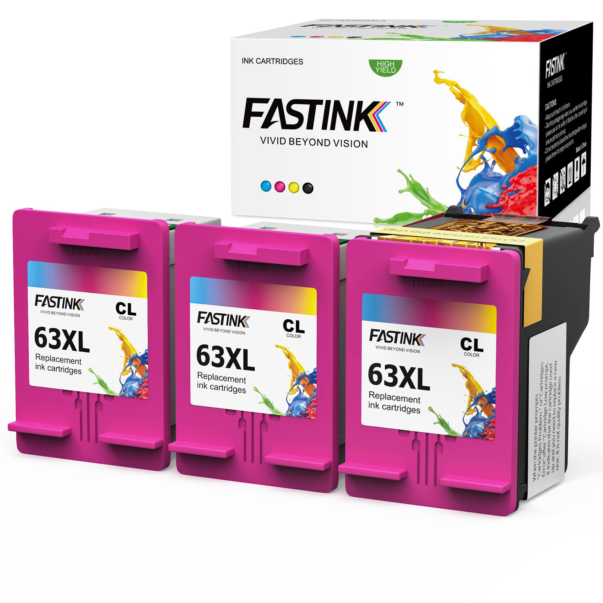 FASTINK Remanufactured HP 63XL Ink Cartridge - Compatible with OfficeJet 5258/5255/4650/3830/4655/4652/3634, Envy 4520, Deskjet 1112/3636 Printers - 1 Print Head & 3 Color Inkwells - High Yield Printing for Home Office & School Projects