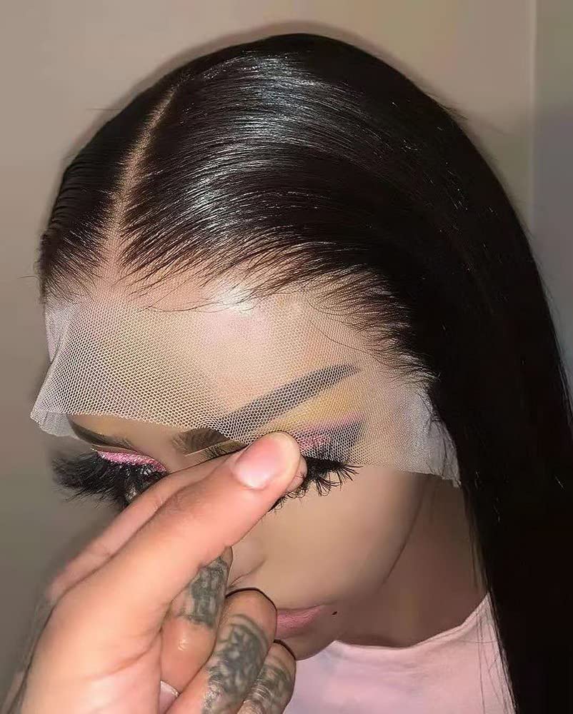 HD Transparent Lace Front Human Hair Wig - Brazilian Silk Straight Black 180 Density 18