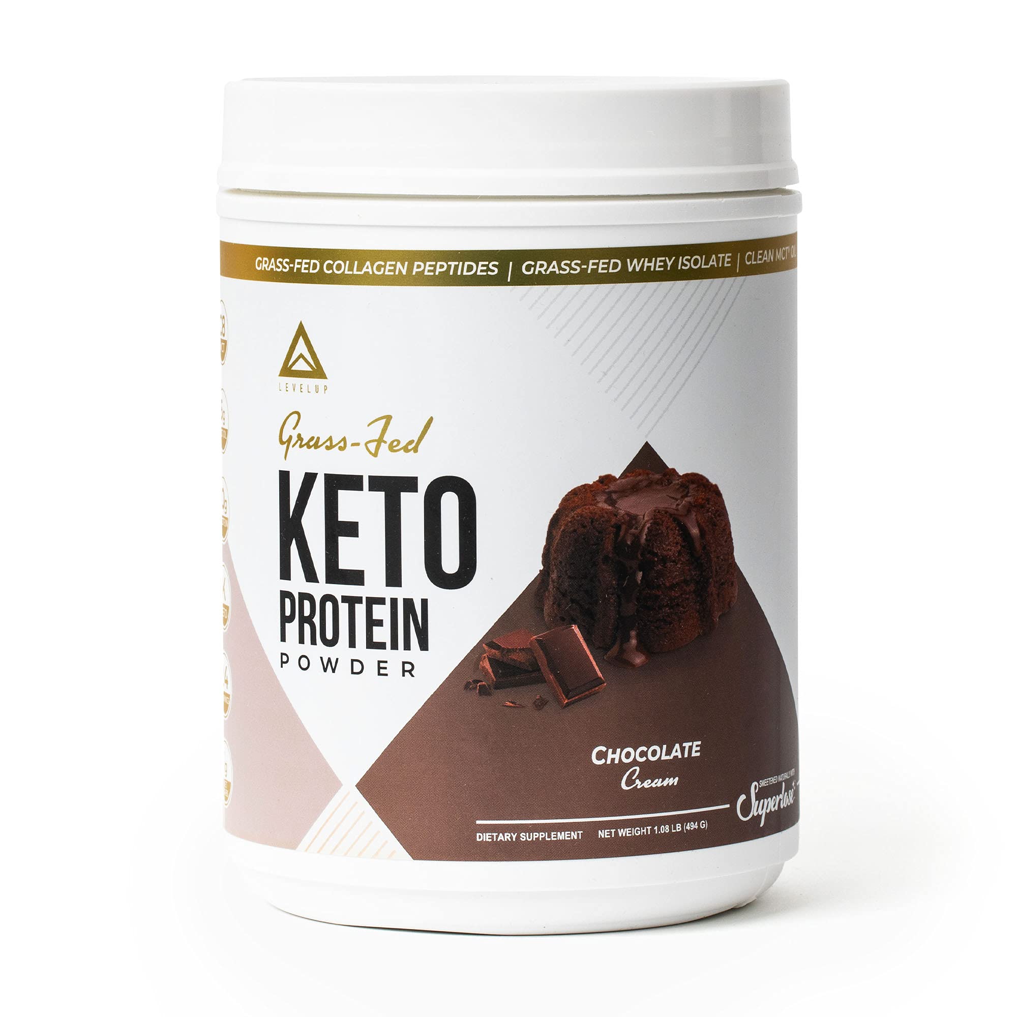 LevelUp® Keto Protein Powder with Grass-Fed Collagen Peptides, Pure C8 MCT Oil & Irish Butter - Whey Protein Isolate for Ketogenic Diet | Chocolate Cream Flavor | Perfect for Post-Workout Recovery & Low-Carb Meal Replacement