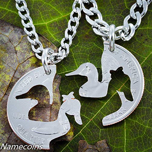 Personalized His and Hers Duck Necklaces - Engraved Couples Necklaces Cut From Real Coins - Romantic Anniversary Gift for Him & Her - Perfect for Valentine's Day, Weddings and Special Occasions