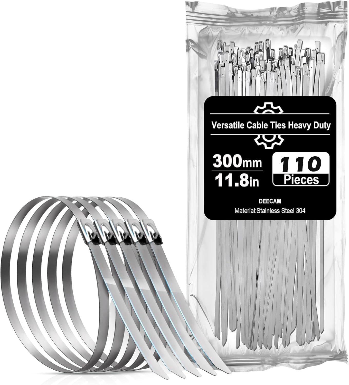 Deecam 110-Pack 11.8 Inch Stainless Steel Self-Locking Cable Ties - Heavy Duty Metal Zip Ties for Automotive Wiring, Exhaust Wrapping, Garden Fencing, Home Repair & Industrial Use | Rustproof & Durable