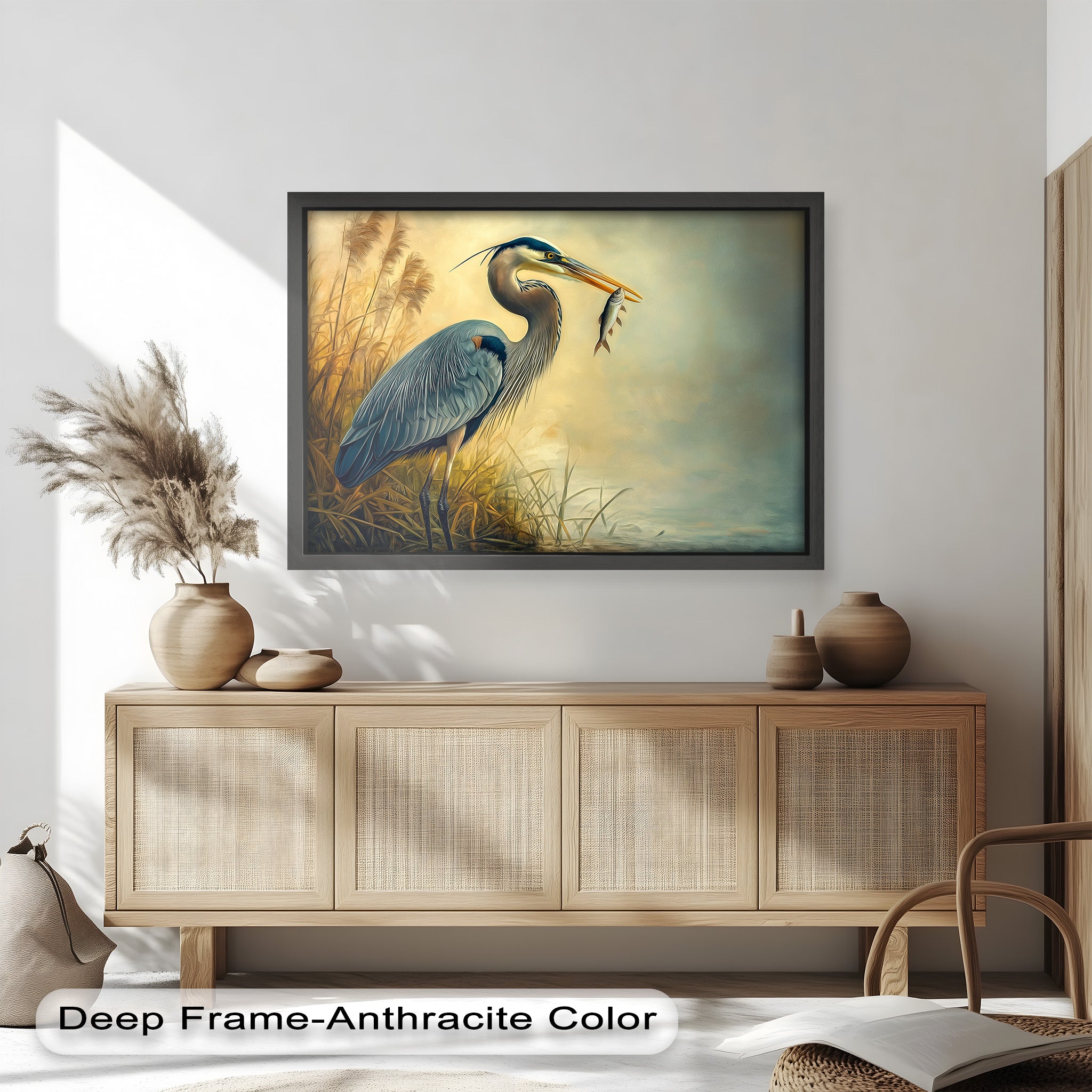 Blue Heron with Fish Oil Painting - Handmade Wildlife Artwork for Home & Office Decor | Perfect for Living Room, Bedroom, or Office Wall Art