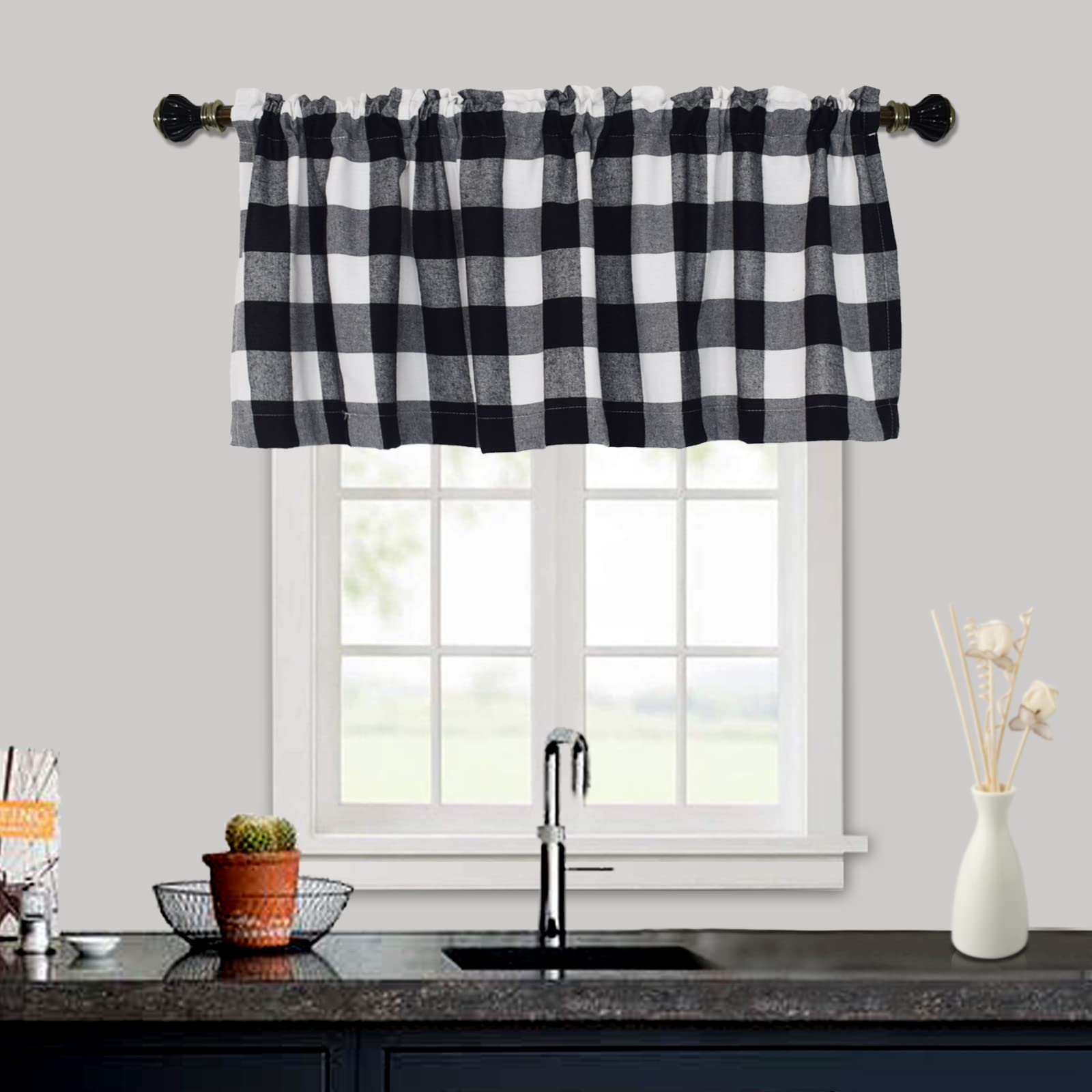 QINU KEONU Buffalo Plaid Checkered Blackout Valance Curtain - 52x24 Inch Rod Pocket Window Treatment for Kitchen, Bathroom, Living Room, Bedroom - Thermal Insulated Home Decor Panel (Black) | Perfect for Farmhouse, Rustic & Modern Interior Design