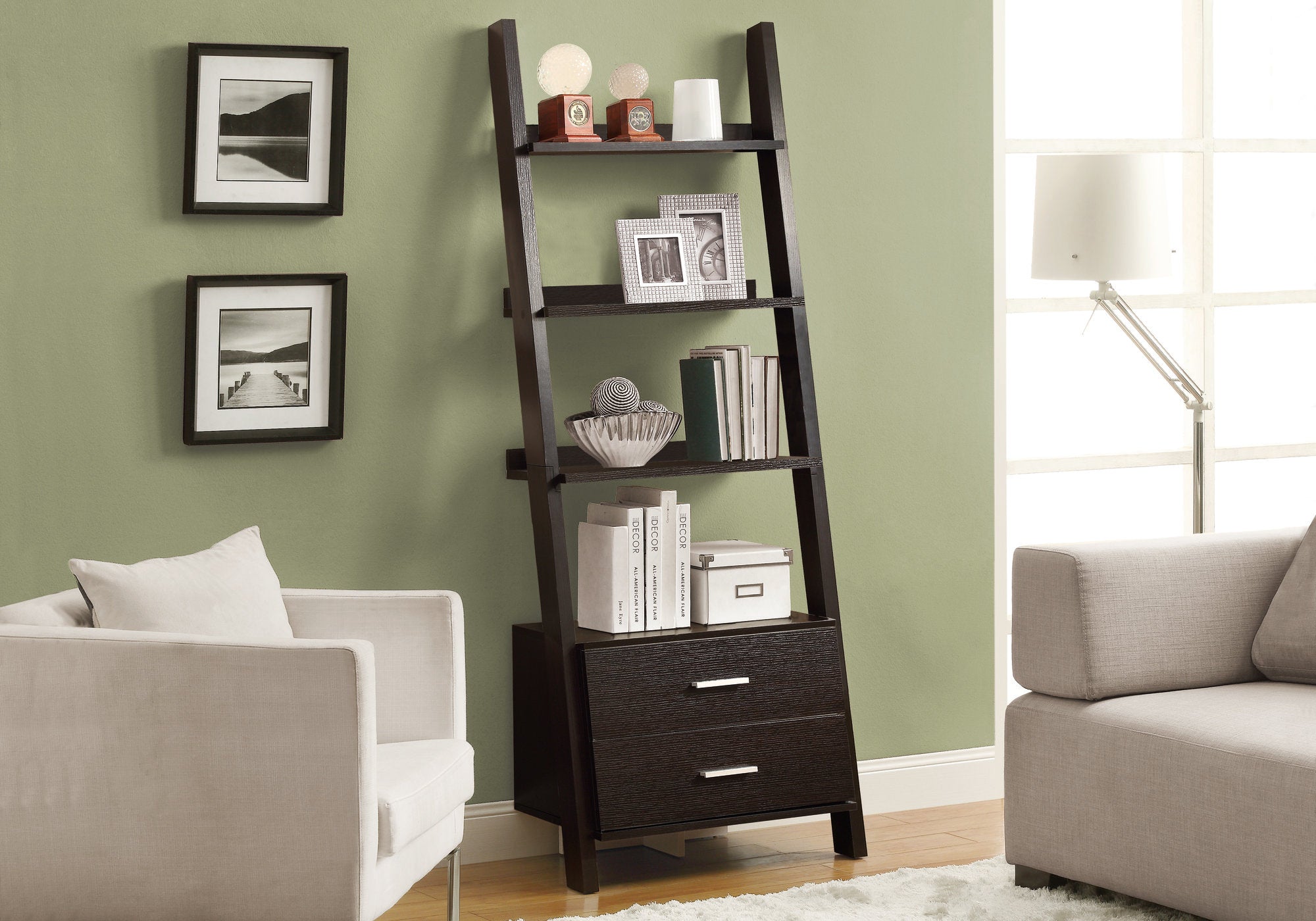 Modern Cappuccino Ladder Bookcase with 2 Storage Drawers - 69 Inch Tall Bookshelf for Living Room, Bedroom & Office Organization