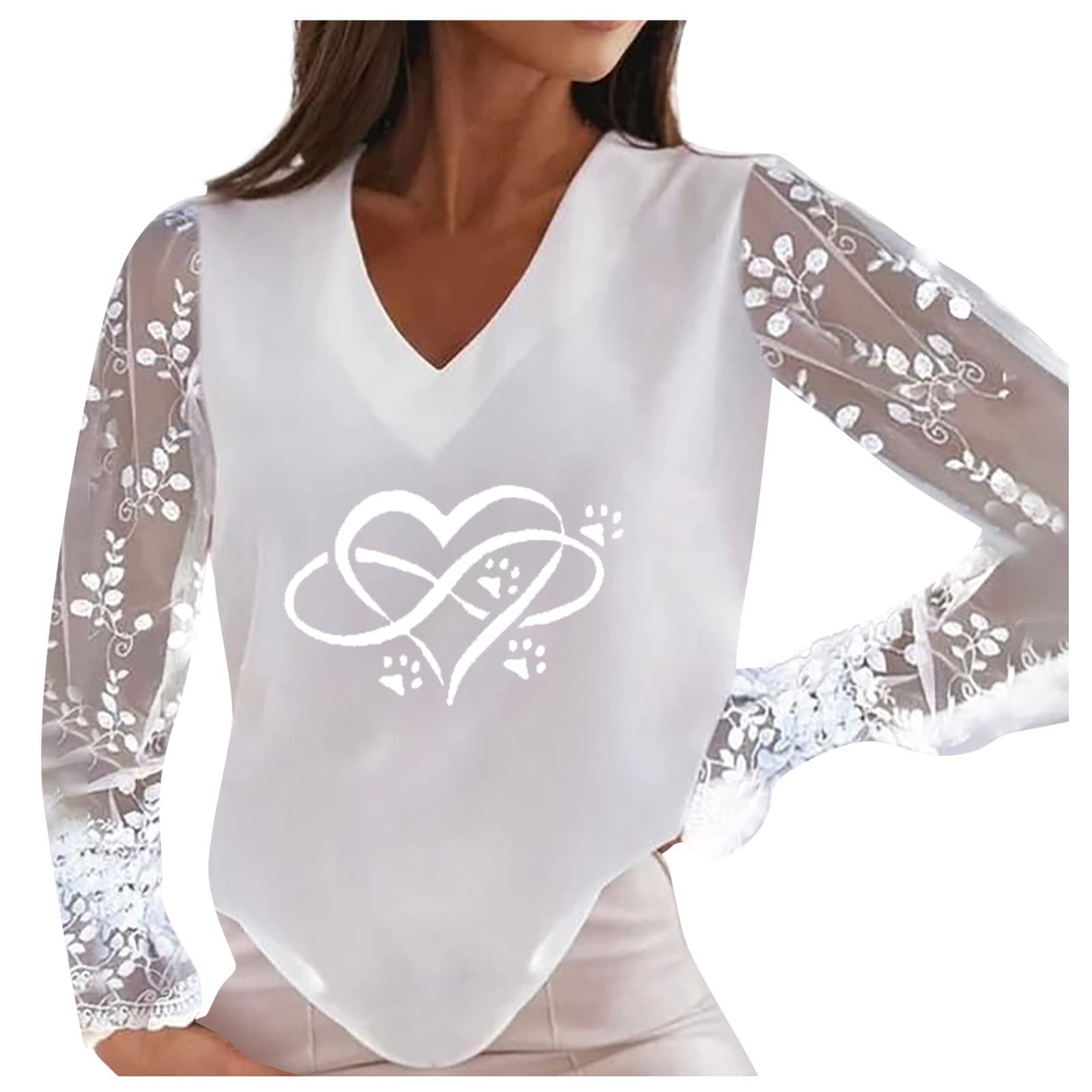 Trendy Women's Casual Lace Patchwork Valentine's Day Heart Print V-Neck Blouse - Plus Size Tops for Valentine's Gifts, Date Nights & Romantic Outfits