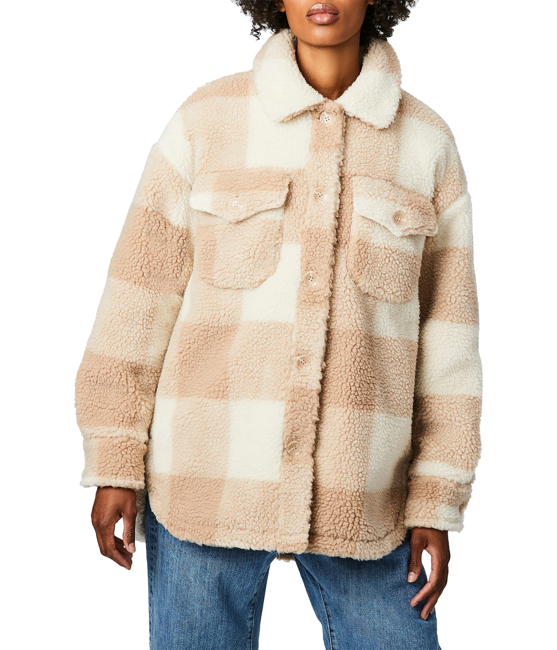 Bernardo Fashions Women's Checker Box Sherpa Jacket - Cozy Fleece Lined Winter Coat for Cold Weather, Outdoor Activities & Casual Wear