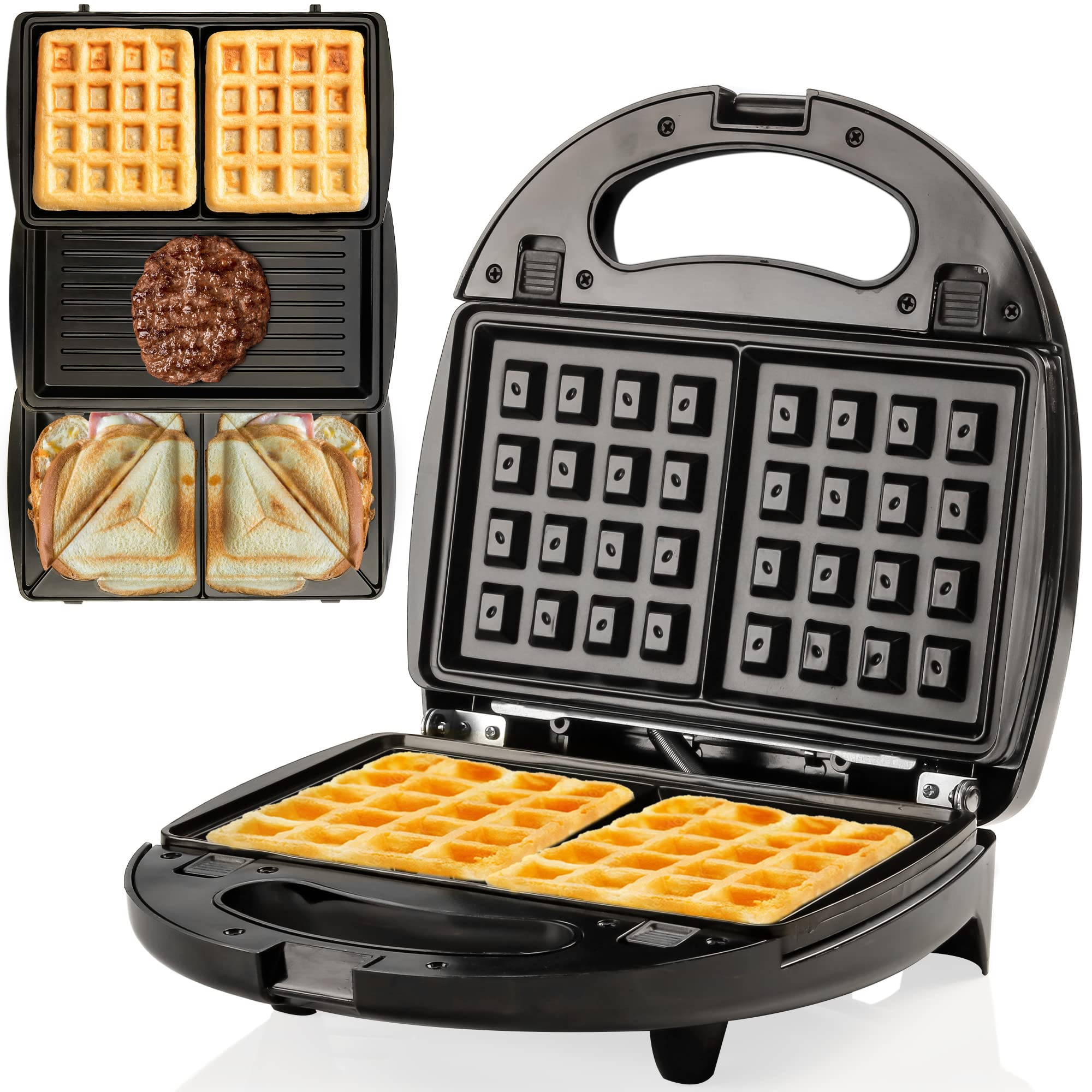 Ovente 750W Electric Indoor Sandwich Grill & Waffle Maker Set with 3 Removable Non-Stick Plates - Perfect for Breakfast Sandwiches, Grilled Cheese, Bacon & Steak - Black (GPI302B) | Ideal for Home Kitchen, Dorm Room & Small Apartments