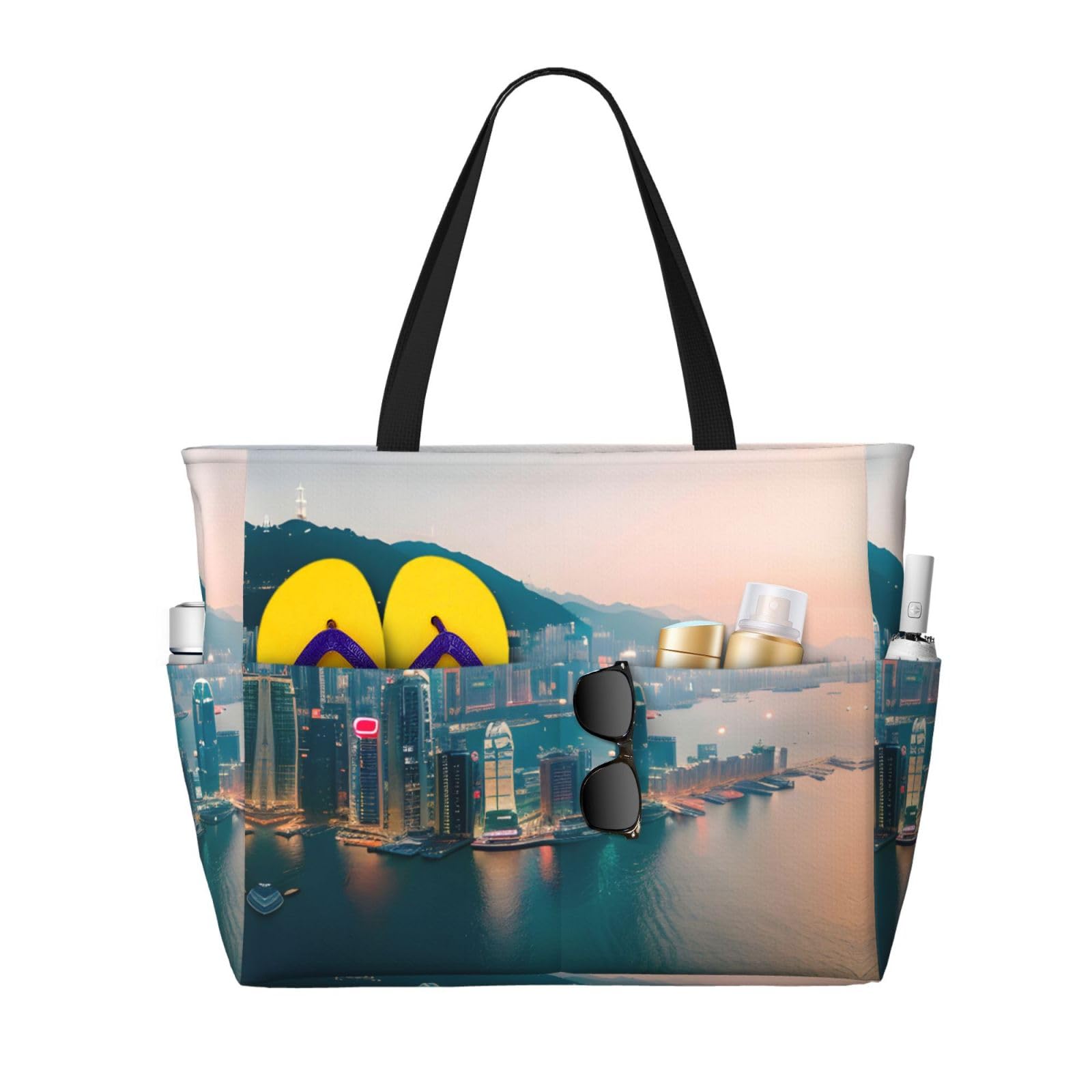 NOUZU Hong Kong Print Beach Tote - Large Fashion Bag for Women | Travel & Beach Essentials