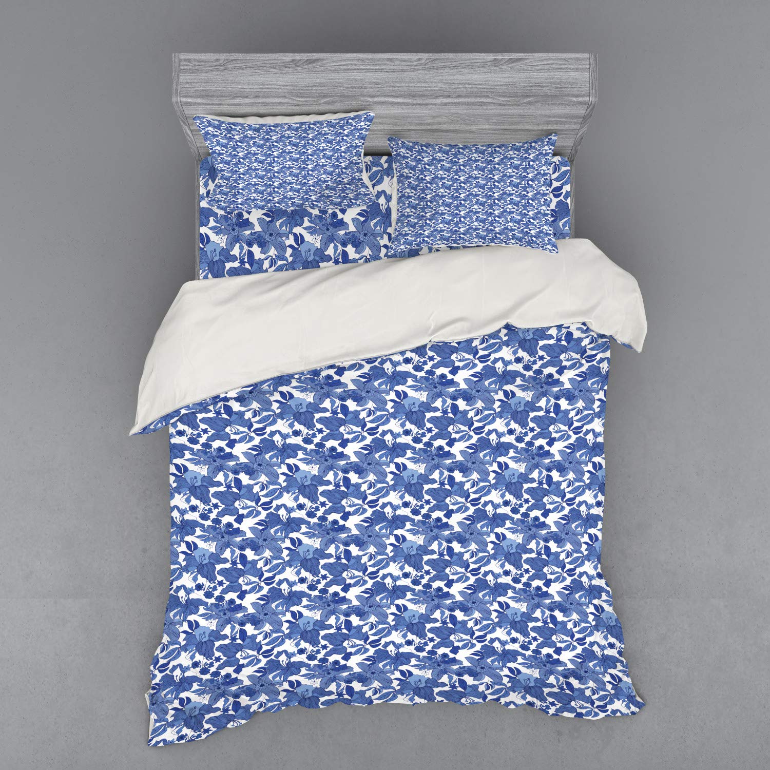 Ambesonne Floral Bedding Set - Blue Spring Romance Flowers 4-Piece Duvet Cover Set with Pillow Shams & Fitted Sheet, Queen Size in Persian Blue & Azure Blue | Perfect for Master Bedroom, Guest Room & Spring Home Decor