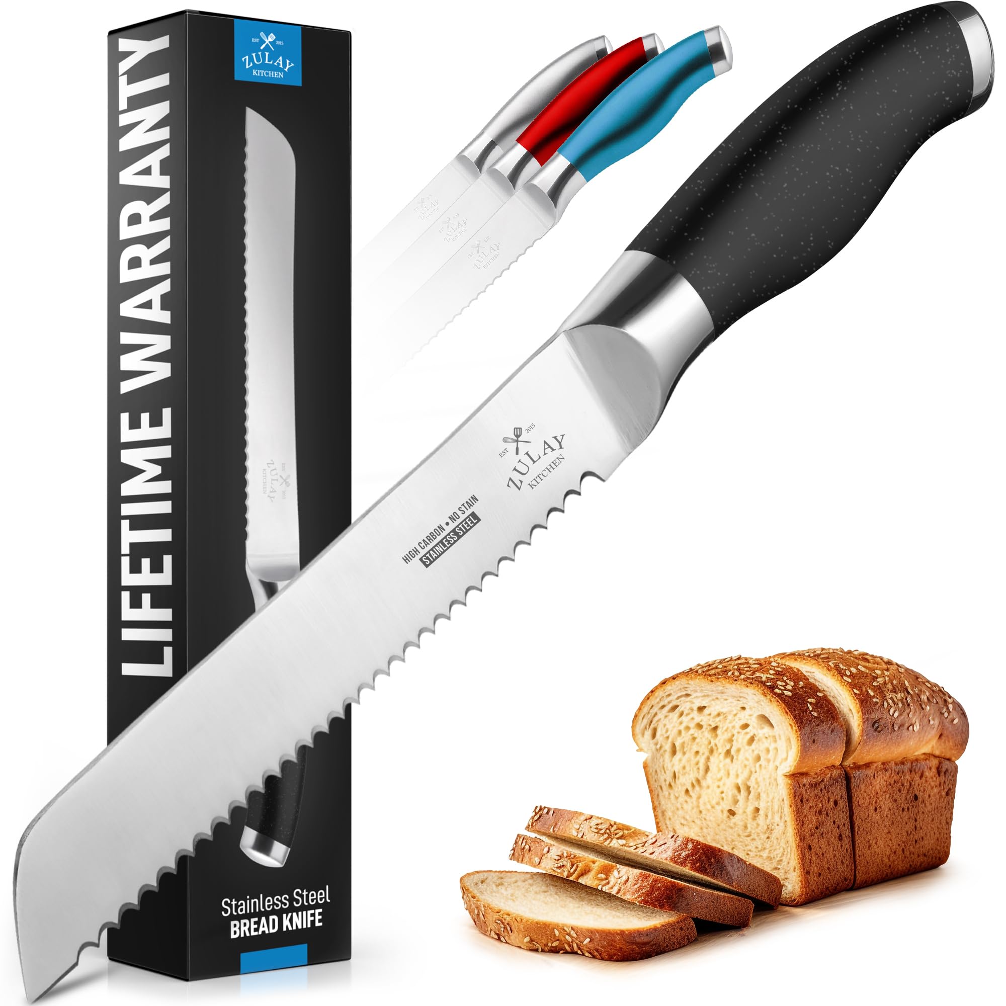 Zulay Premium 8-Inch Serrated Bread Knife - Stainless Steel Blade for Slicing Homemade Bread, Cake, Bagel - Ergonomic 5-Inch Handle with Safety Tip Guard - Perfect for Bakeries, Kitchens & Gift Giving