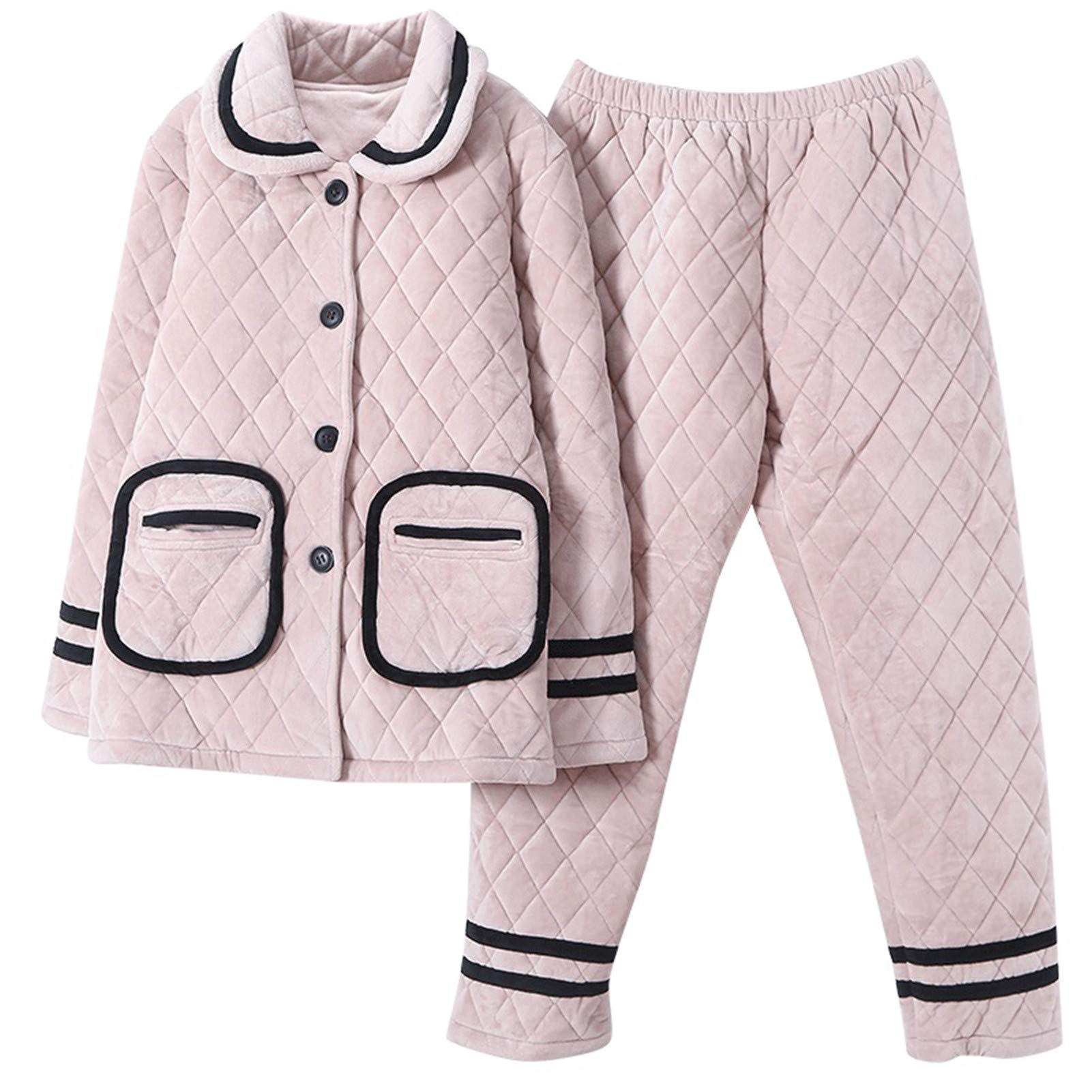 Cozy Women's Thick Coral Fleece Quilted Pajama Set - Warm Flannel Thermal Nightwear with Jacket & Pants for Winter Sleepwear & Lounging at Home