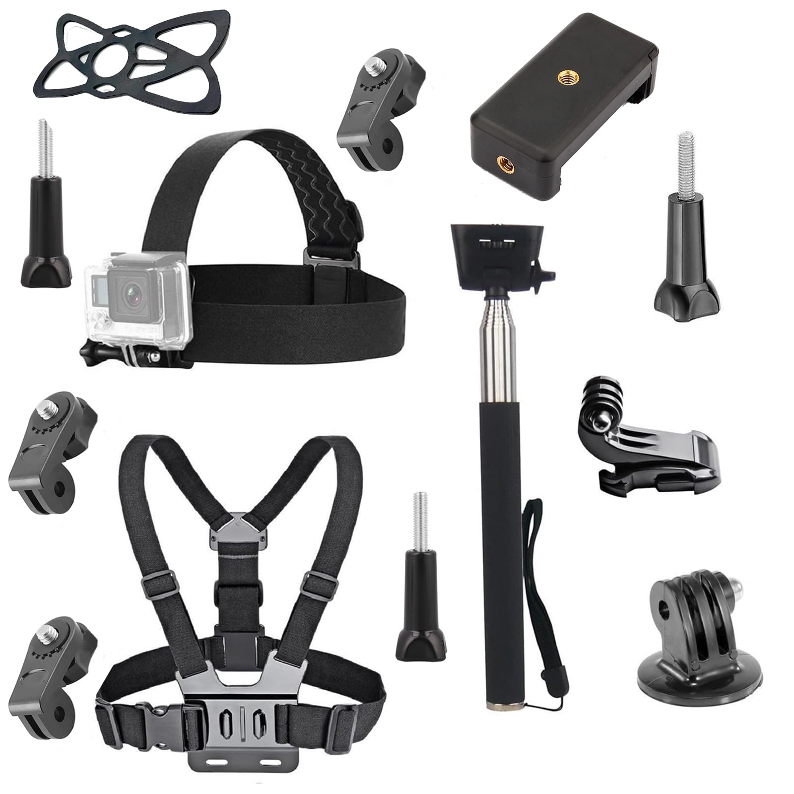 4-in-1 Universal Action Camera Accessories Kit - Head Strap Mount, Chest Harness, Selfie Stick & Phone Holder for GoPro Hero 12/11/10/9/8, Insta360 One Camera & Smartphones - Perfect for Hiking, Vlogging, Cycling & Outdoor Adventures