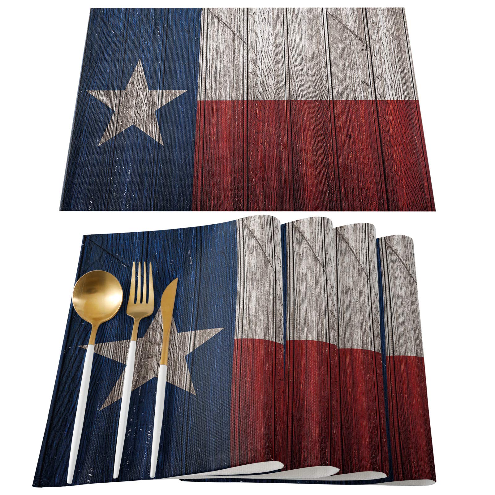 Texas State Flag Wooden Placemats Set of 6 - Hand-Painted Patriotic Dining Table Mats for Home, Kitchen, Restaurant & Christmas Party Decor - Washable & Durable for Daily Use, Holiday Gatherings & Special Events
