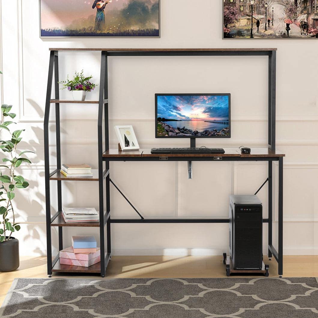 CYCY 5-Tier Writing Desk with Adjustable Tilt Top - Sturdy Drafting Table, Study Desk for Home Office, Gaming & Reading Workstation - Easy Assembly (Brown) | Perfect for Small Spaces, Dorm Rooms & Home Offices