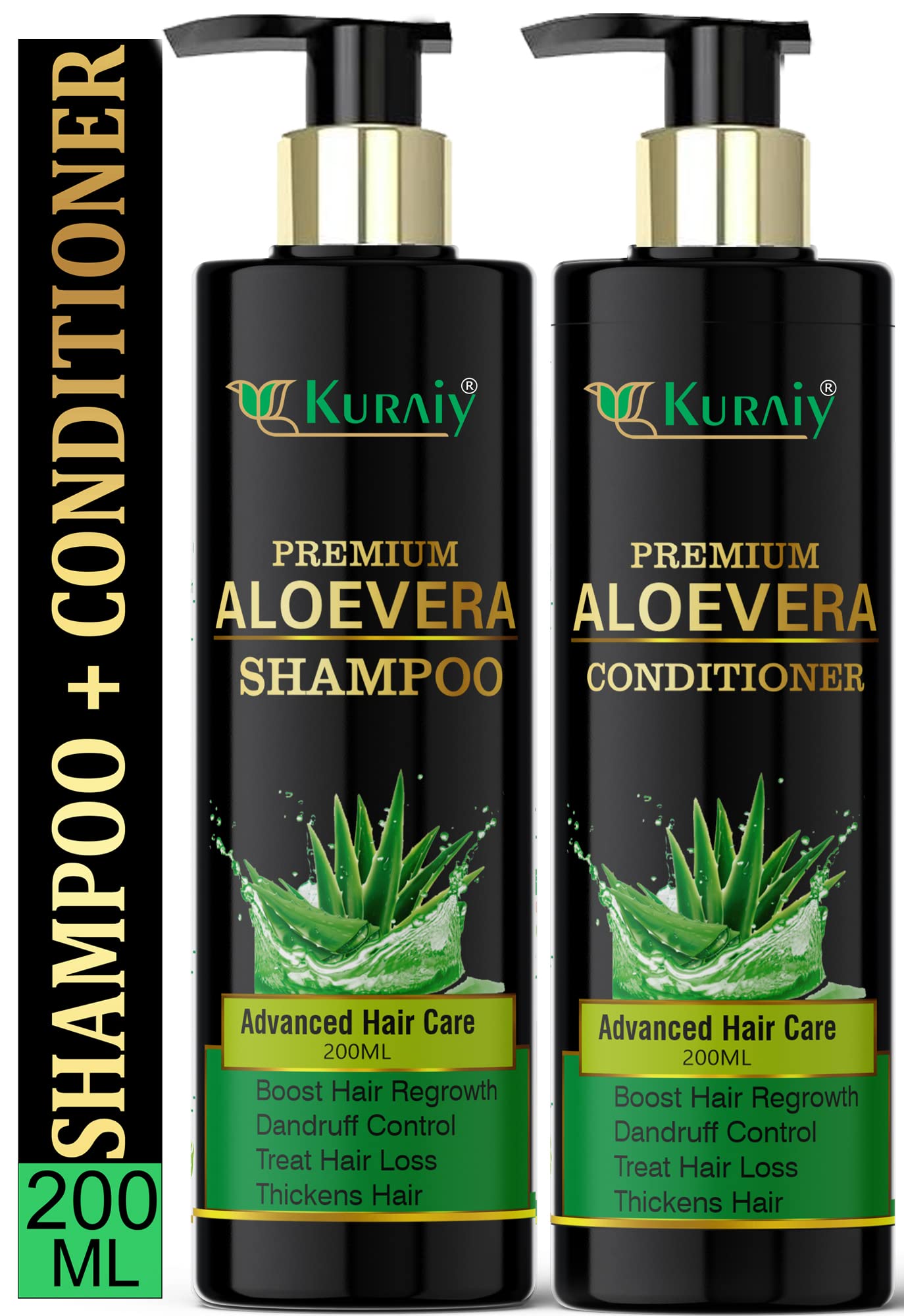 KURAIY® Aloe Vera Shampoo and Conditioner Set for Hair Loss Control & Healthy Hair Growth - Paraben Free, Silicone Free - 400ml (2 Pack) | Gentle Daily Hair Care for Men & Women with Thinning Hair or Scalp Irritation