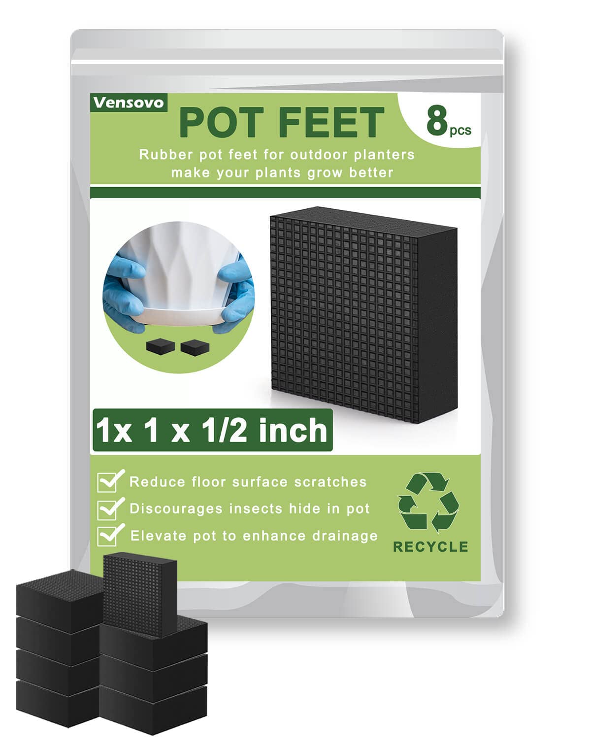 1 Inch Rubber Pot Feet for Outdoor Planters - 8 Pack Heavy Duty Plant Pot Risers Elevates up to 1/2 Inch, Non-Slip Planter Stand for Medium & Small Pots - Perfect for Patio, Deck, Balcony & Garden Drainage Protection