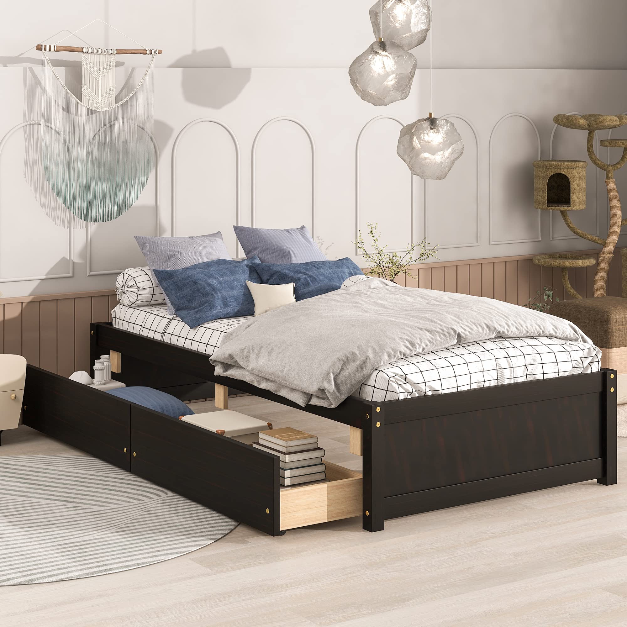 OUYESSIR Twin Bed Frame with Storage Drawers for Kids - Easy Assembly Espresso Wood Platform Bed for Teens & Children's Rooms
