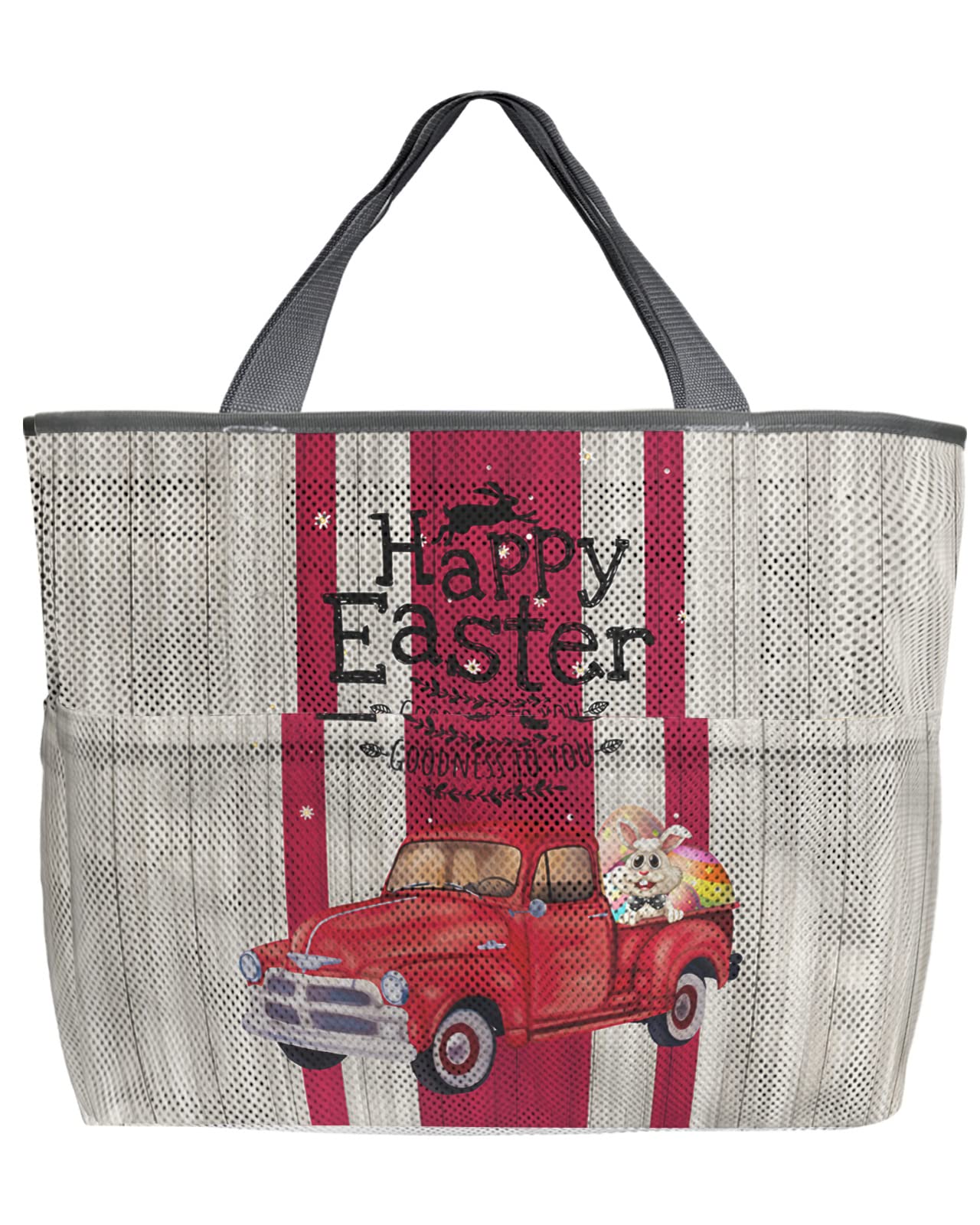Large 60L Mesh Beach Tote Bag with Pockets - Quick Dry, Foldable Swim Bag for Pool & Beach (24x16x9 inches) - Perfect for Easter, Grocery Shopping & Summer Outings | Red Truck & Bunny Stripes Design