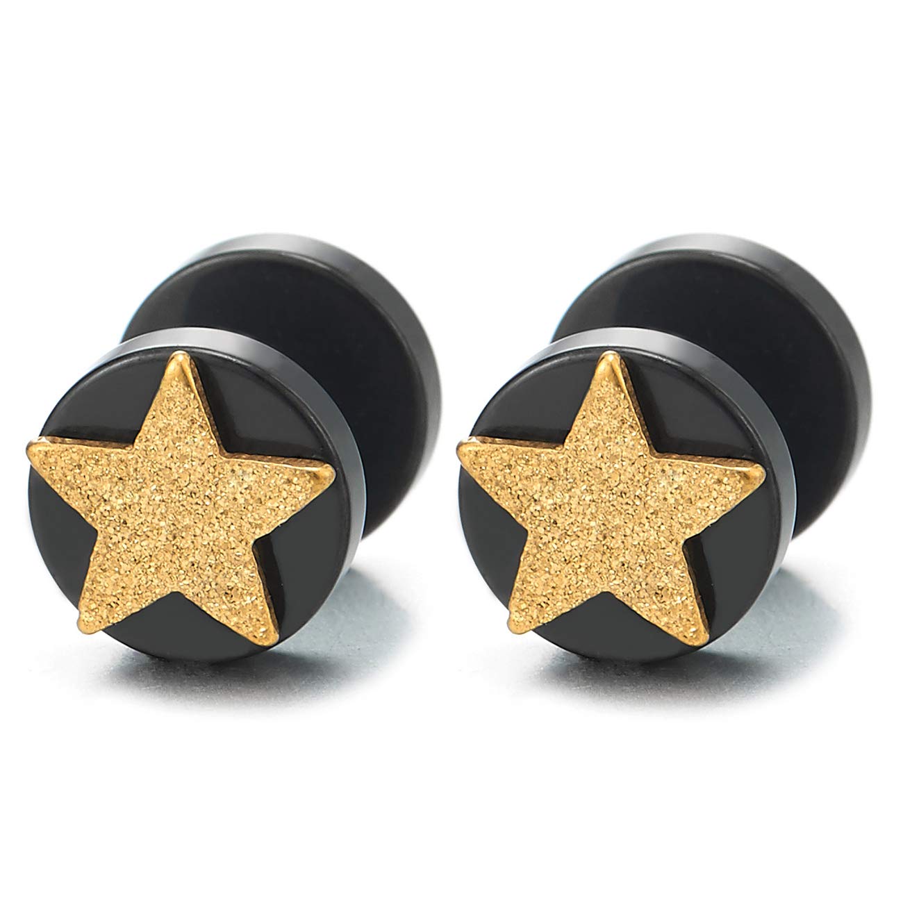 Men & Women Satin Pentagram Star Black Circle Stud Earrings - Steel Fake Ear Plugs Gauges (2pcs) - Perfect for Gothic Fashion, Punk Style & Alternative Jewelry Lovers
