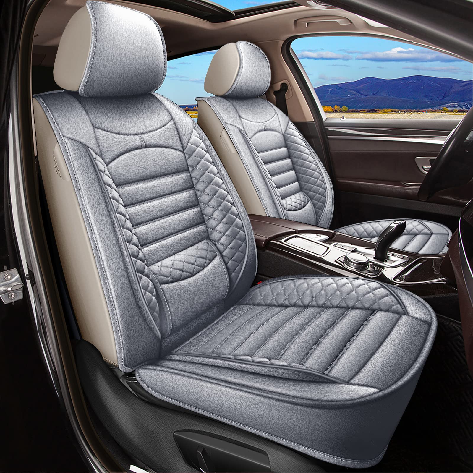 Jiamaoxin 2-Piece Front Car Seat Covers for Hyundai Elantra 2017-2023 - Waterproof Faux Leather Seat Protectors with Airbag Compatibility (Gray) - Perfect for Daily Commuting, Road Trips & Car Interior Protection