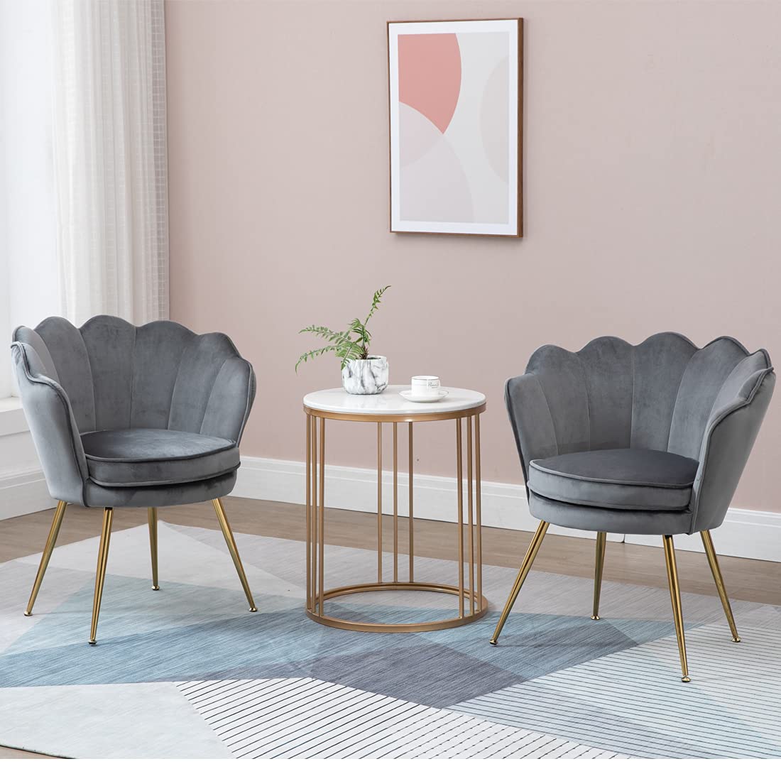 Gray Velvet Accent Chair Set of 2 - Modern Living Room Armchairs with Golden Metal Legs, Comfy Bedroom Vanity Chairs for Home Decor, Perfect for Lounge, Reading Nook & Guest Seating