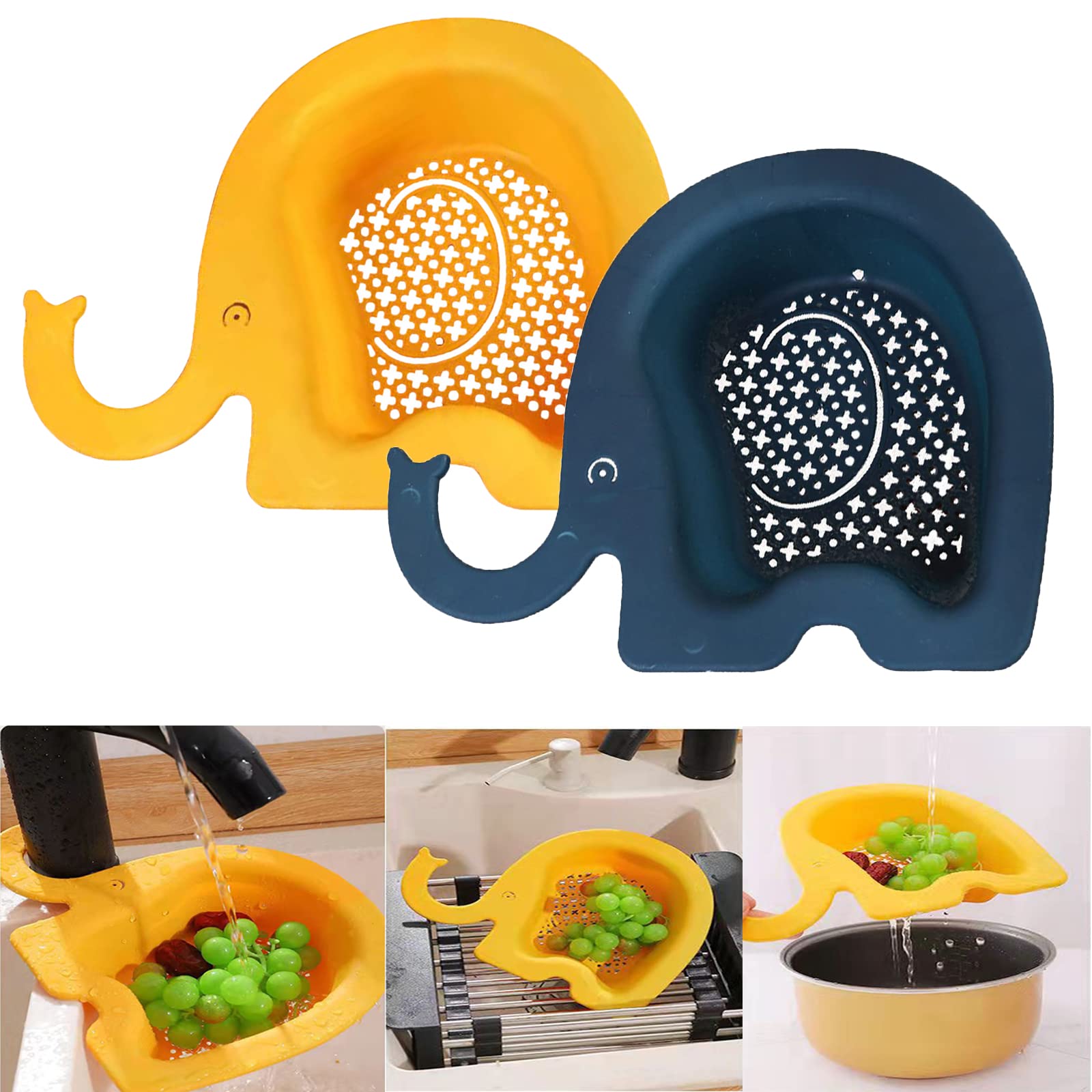 Premium Elephant Drain Stand - Kitchen Sink Strainer Basket for Fruits & Vegetables - Multi-Functional Filter Shelf with Tea Strainer - 2-Pack (Yellow + Dark Blue) - Perfect for Washing Produce, Draining Pasta & Brewing Tea