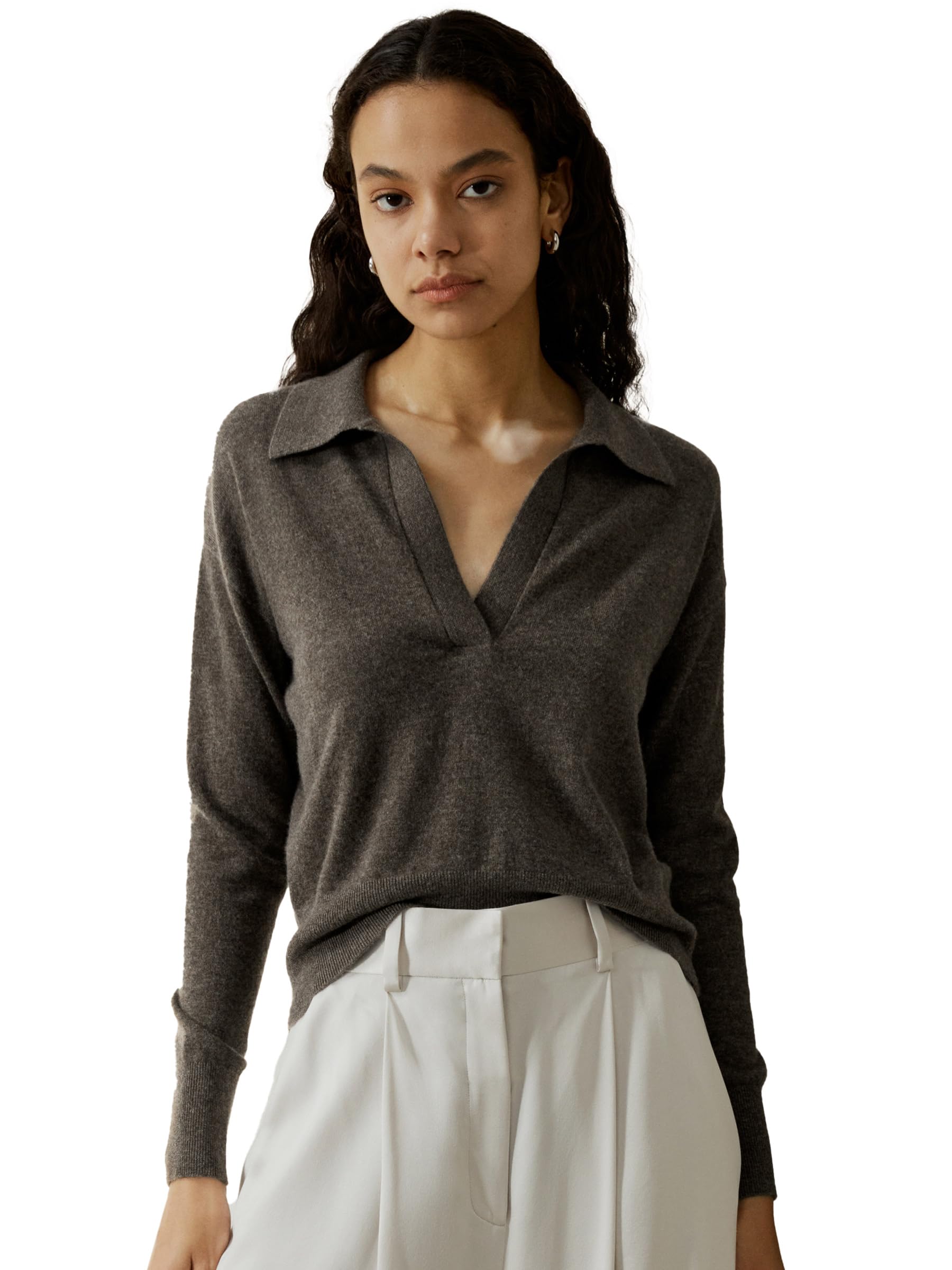 LilySilk 100% Pure Cashmere Women's Polo Neck Pullover Sweater - Soft Lightweight V-Neck Long Sleeve Knit Top for Work, Travel & Casual Wear