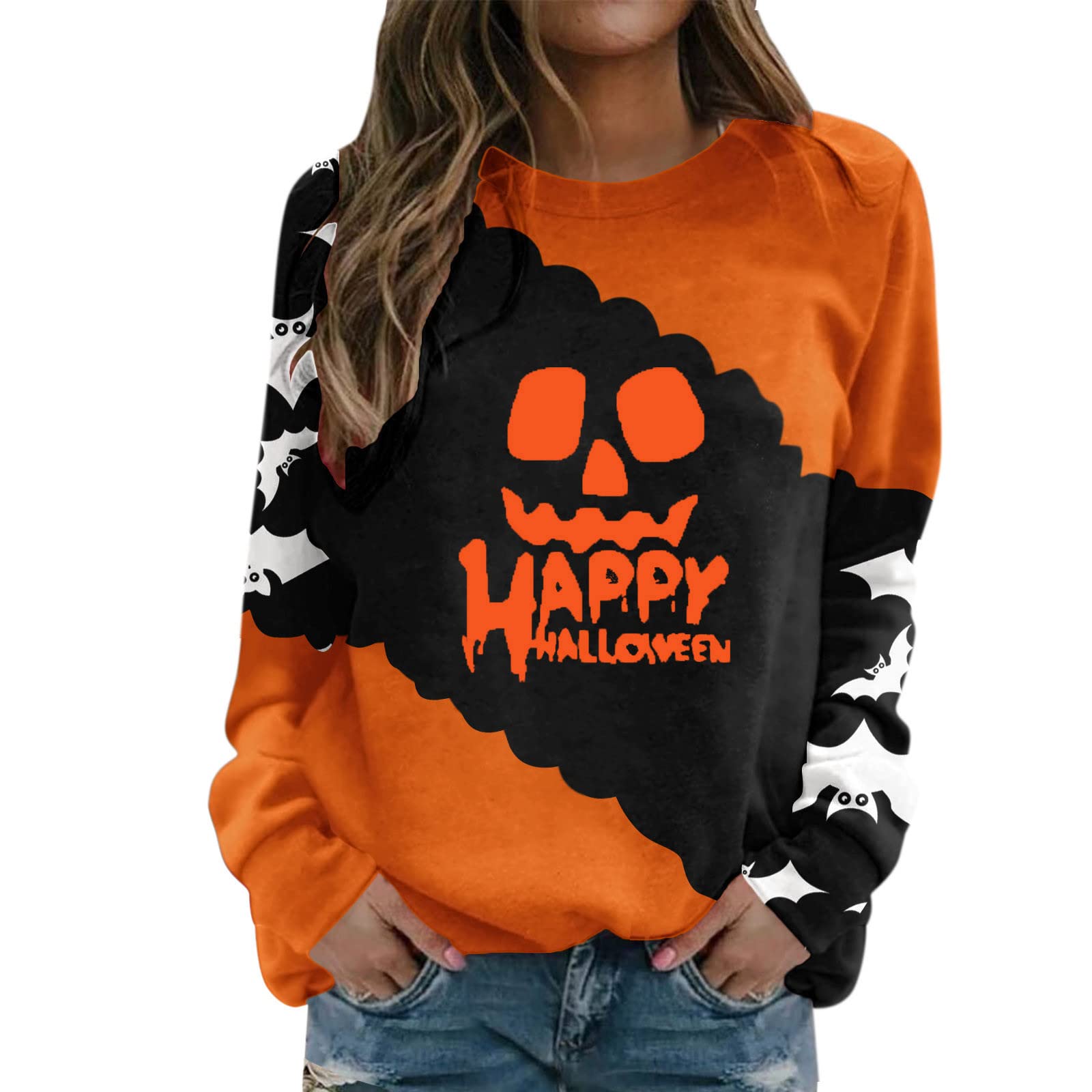 Women's Casual Halloween Print Sweatshirt - Summer Pullover Tops with Round Neck | Perfect for Halloween Parties, Fall Layering & Everyday Wear