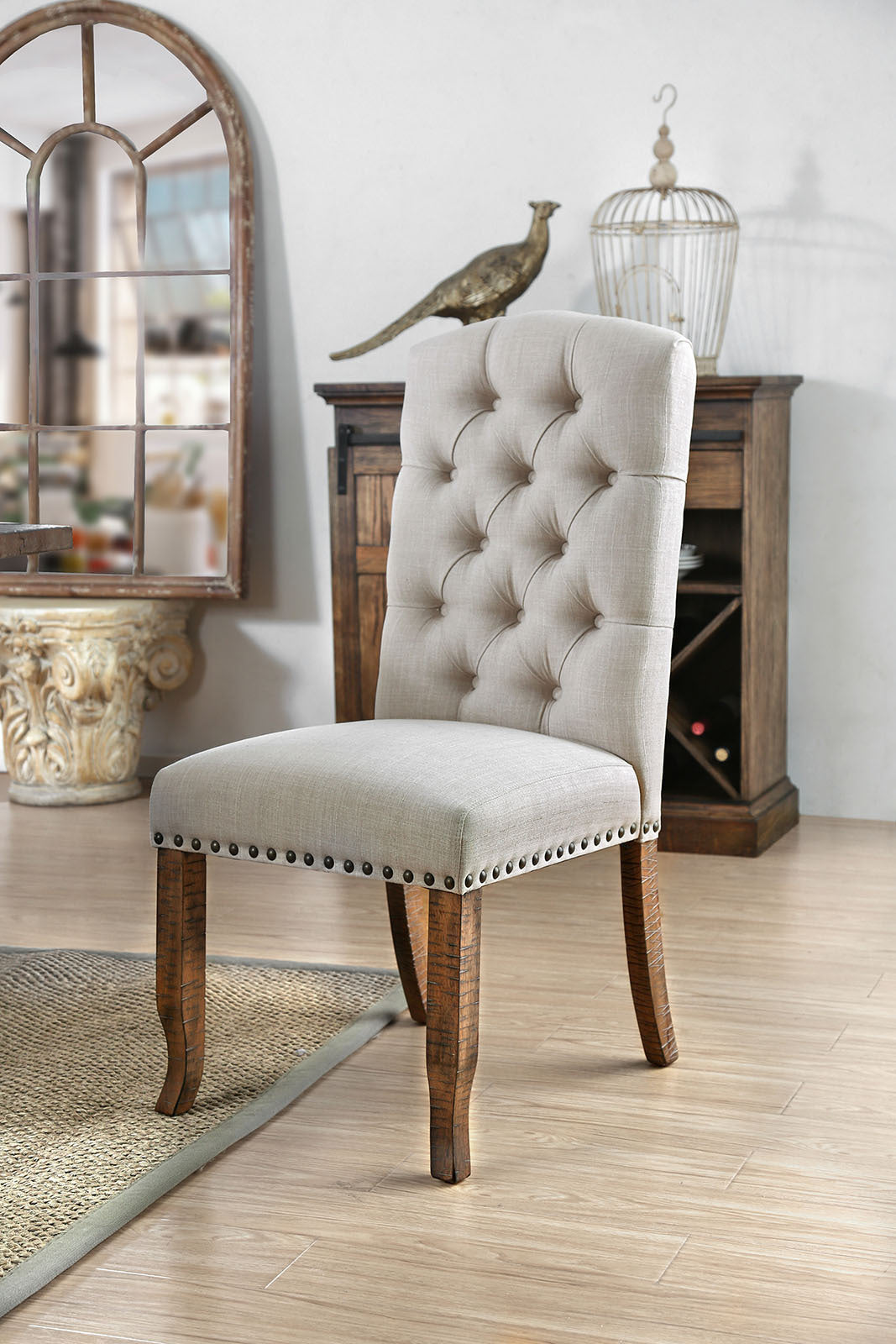 Contemporary Ivory Fabric 2-Piece Side Chairs Set - Bold Sturdy Design with Rustic Oak Solid Wood Frame, Tufted Back & Nailhead Accents - Perfect for Dining Room, Kitchen, or Home Office Furniture