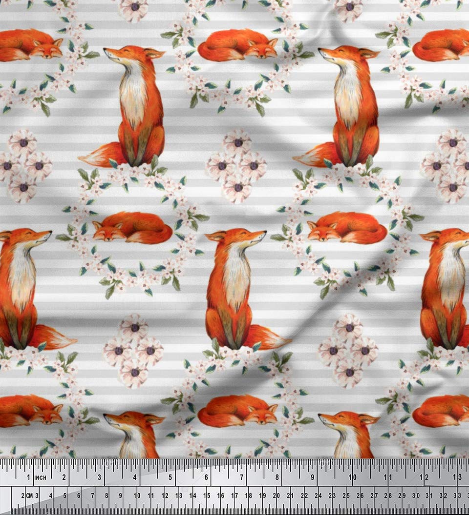 Soimoi Cotton Voile White Fabric by The Yard - 42 Inch Wide Floral Wreath & Fox Stripe Printed Fabric - Perfect for DIY Dresses, Curtains, and Home Decor Projects