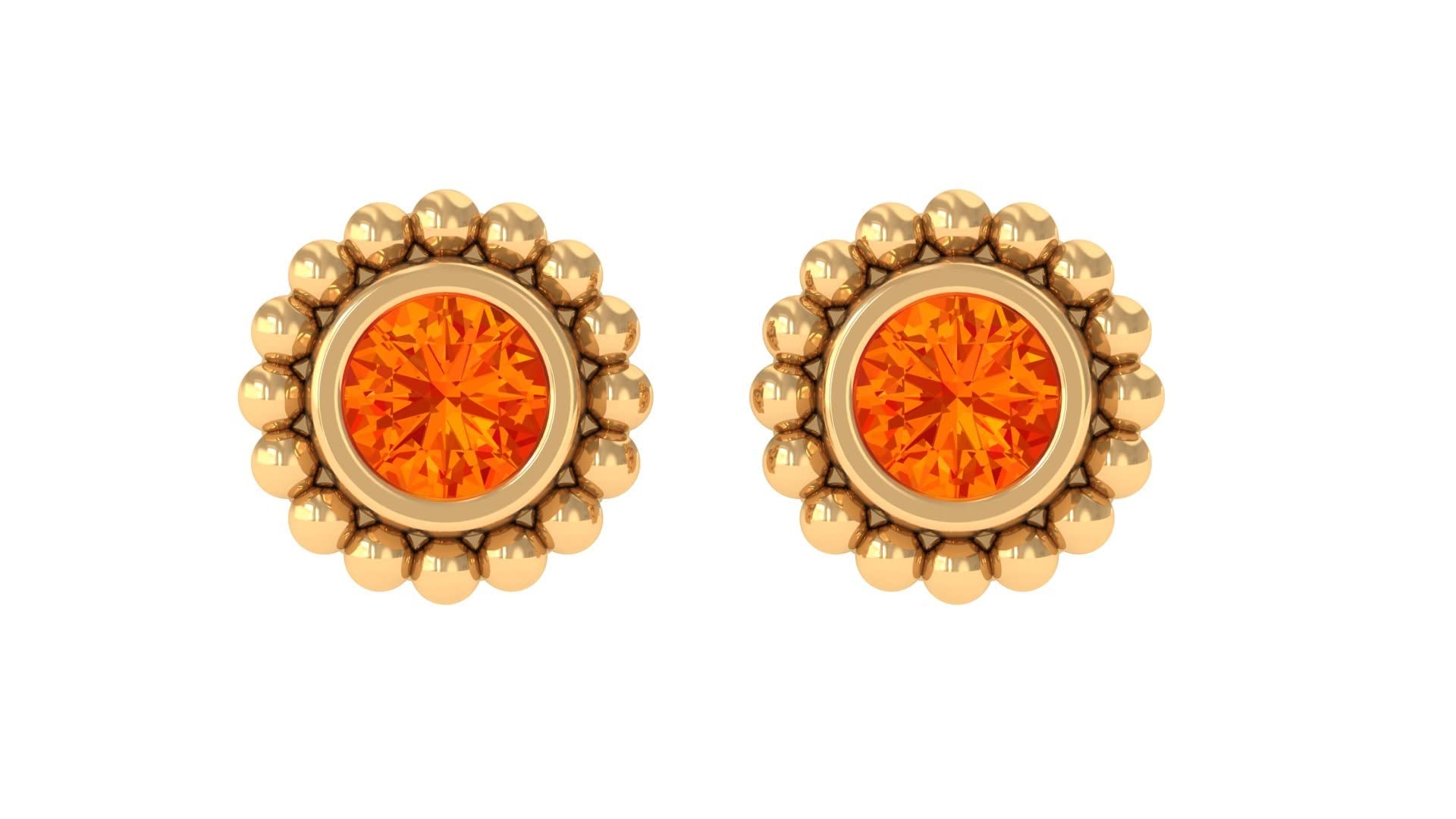 Orange Sapphire Stud Earrings - 14K Solid Gold Bezel Set September Birthstone Earrings with Gold Beaded Detail | Perfect for Birthdays, Anniversaries & Special Occasions