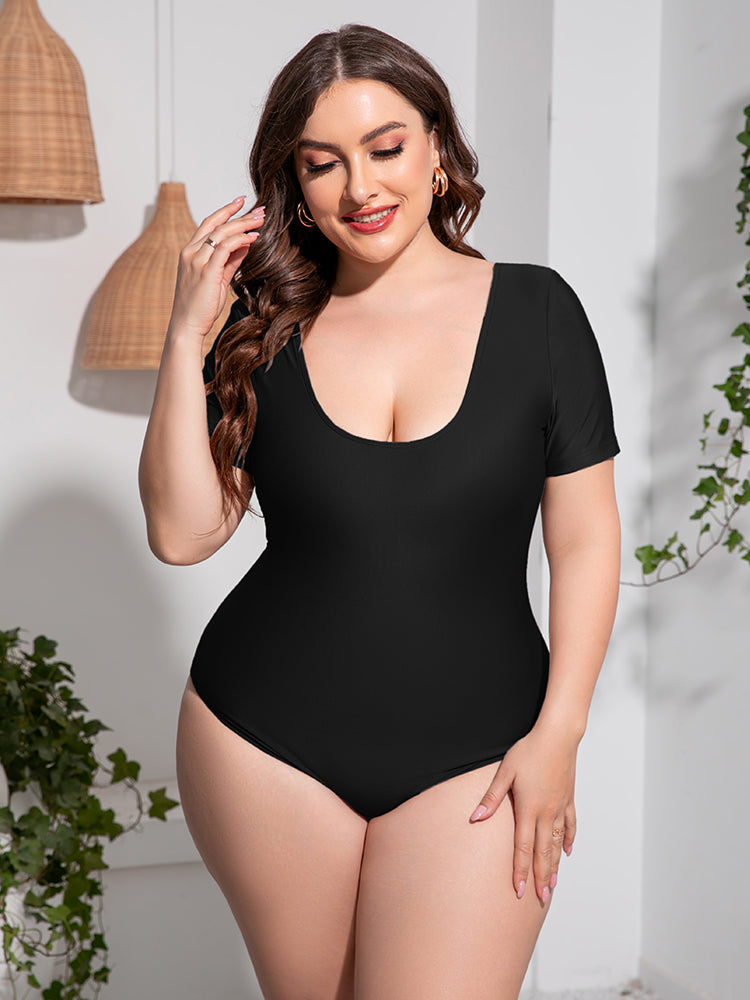 Plus Size Scoop Neck Short Sleeve One Piece Swimsuit for Women - Comfortable Bathing Suit with Tummy Control - Perfect for Beach, Pool, and Summer Vacation